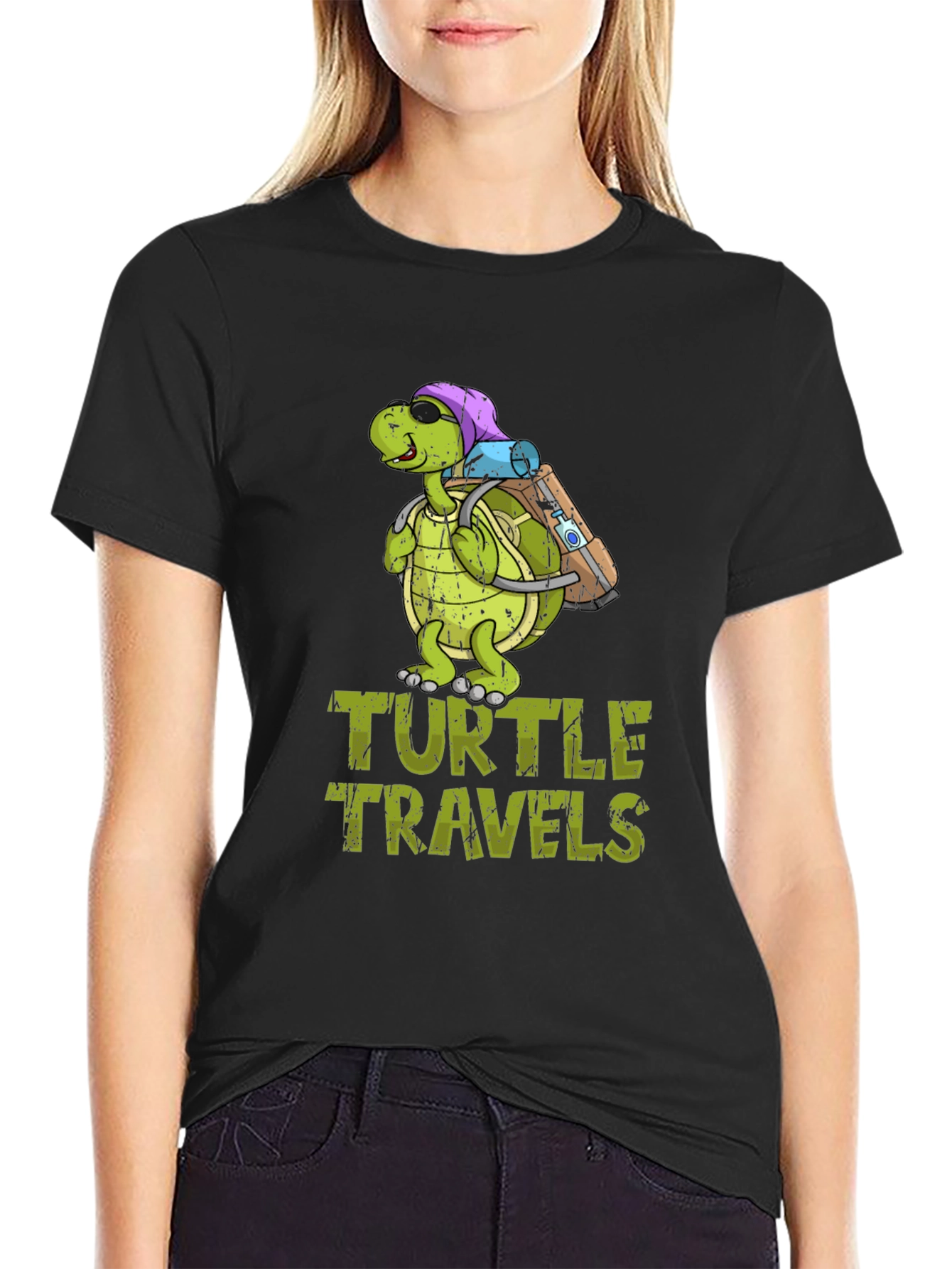 Black Turtle Travels T-Shirt, Funny Cartoon Graphic Tee view 2