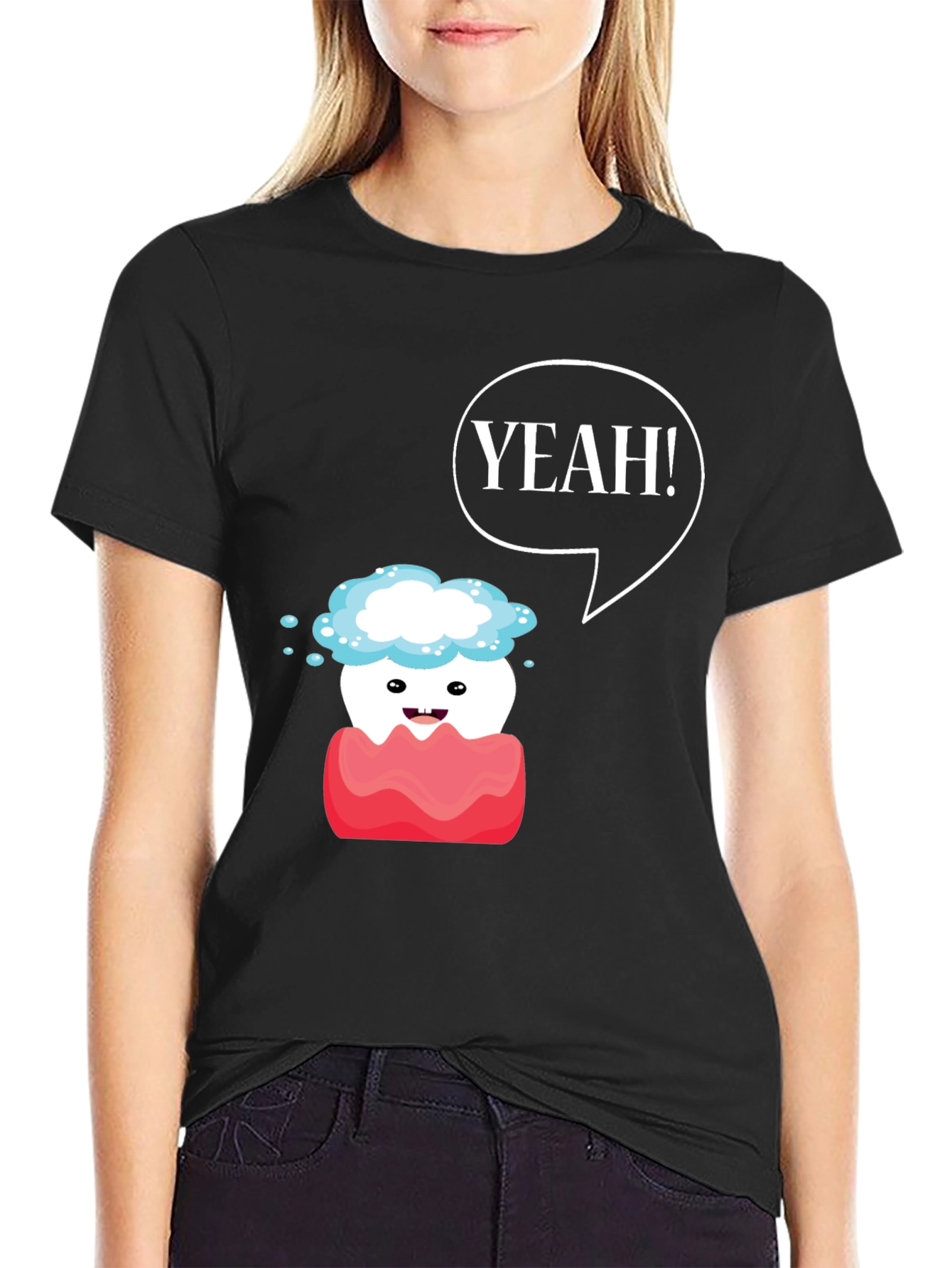 Black Yeah! Cartoon Tooth Black T-Shirt view 2