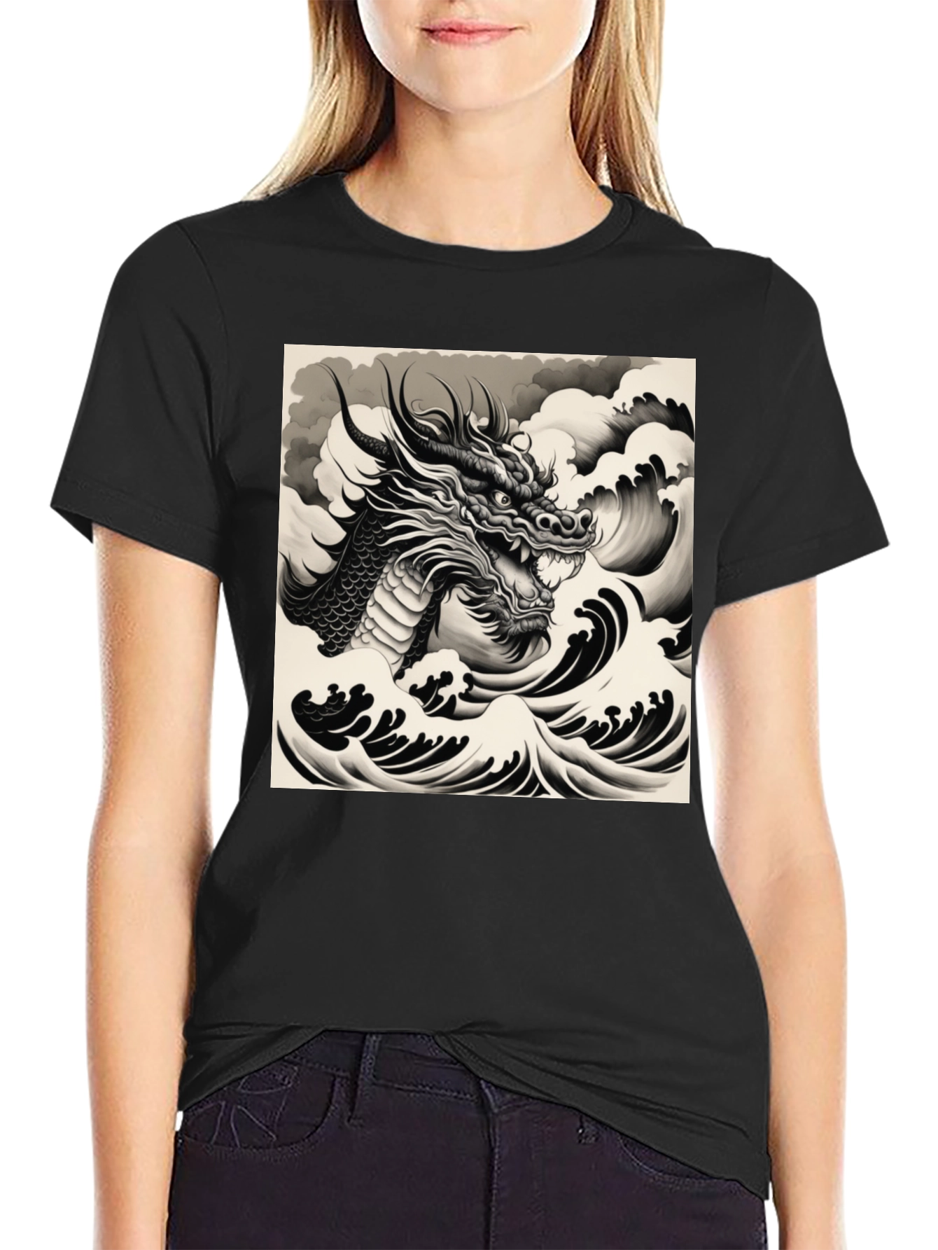 Black Dragon & Waves Graphic Tee - Black view 2