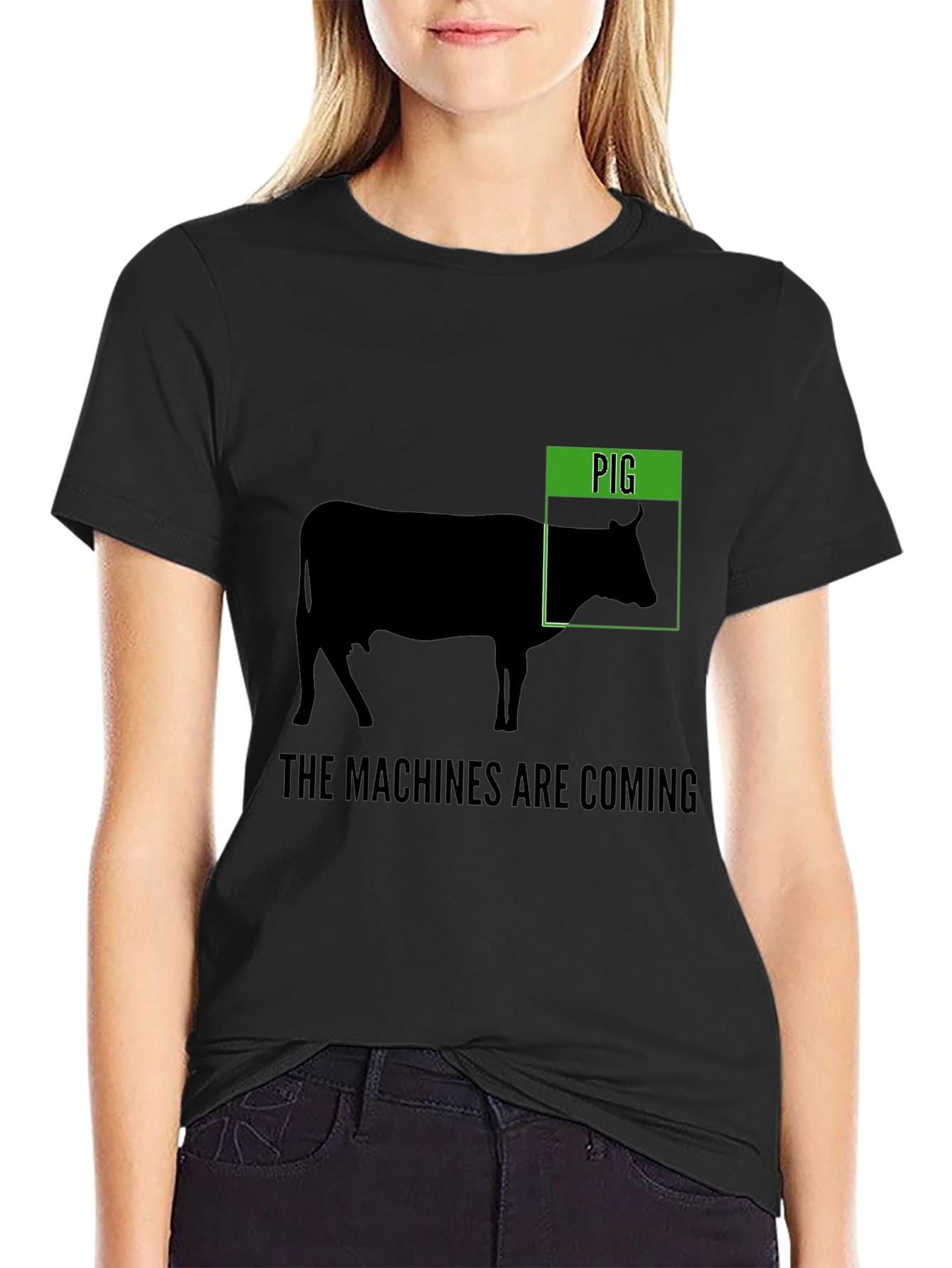 Black Funny 'Pig' Cow T-Shirt - The Machines Are Coming view 2
