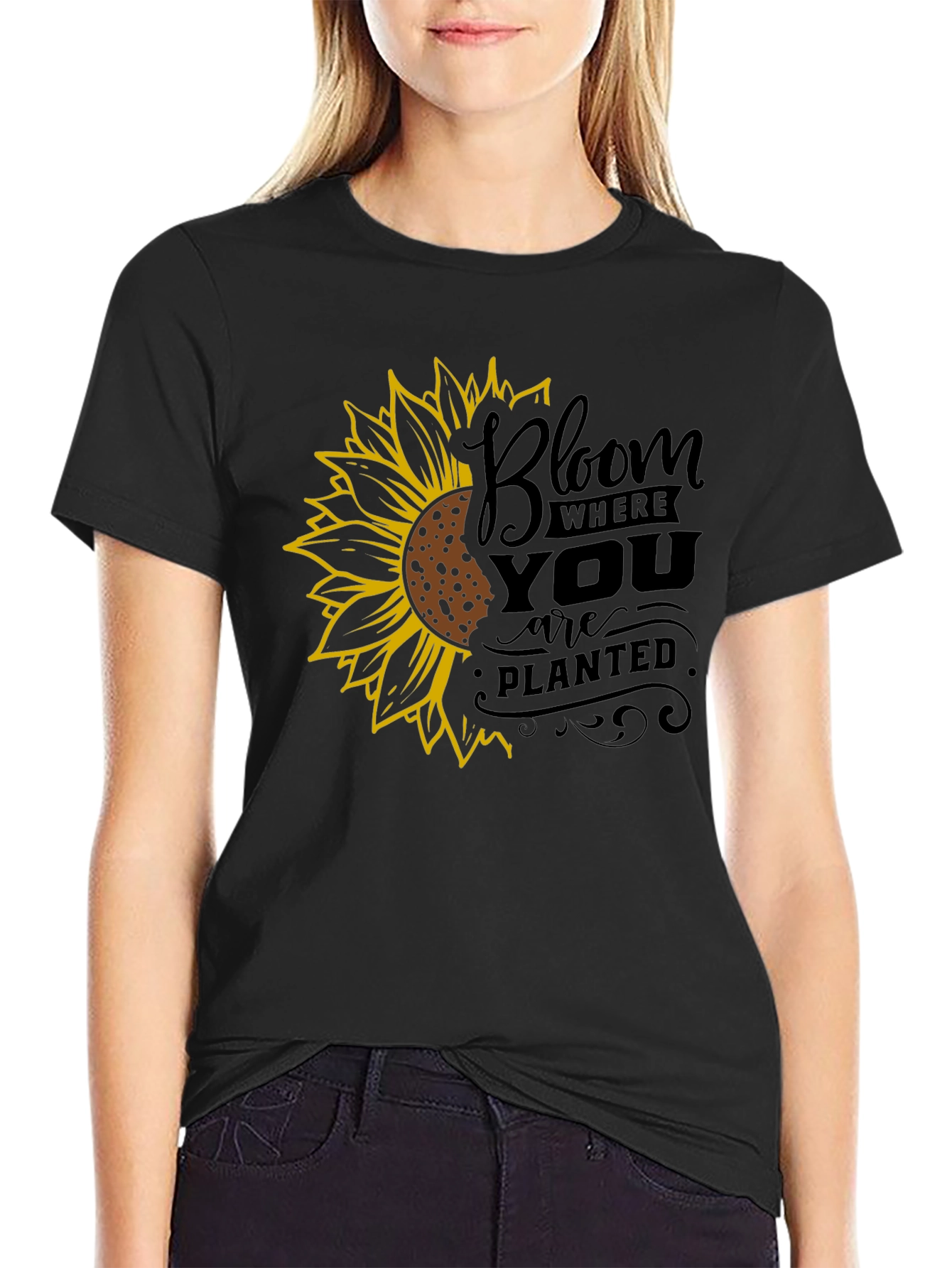Black Bloom Where You Are Planted Sunflower Black T-Shirt view 2