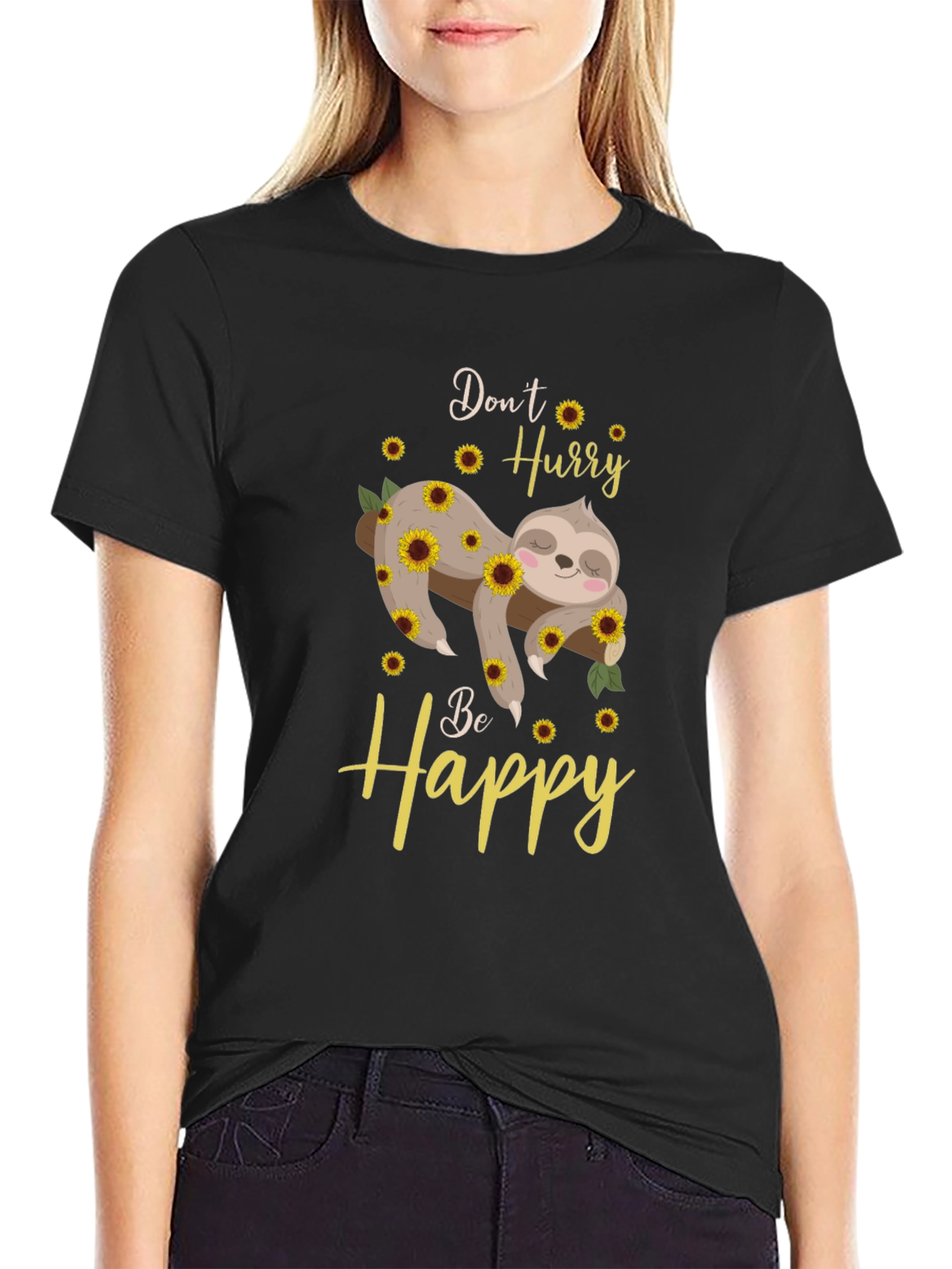 Black Don't Hurry Be Happy Sloth Sunflower Graphic T-Shirt view 2