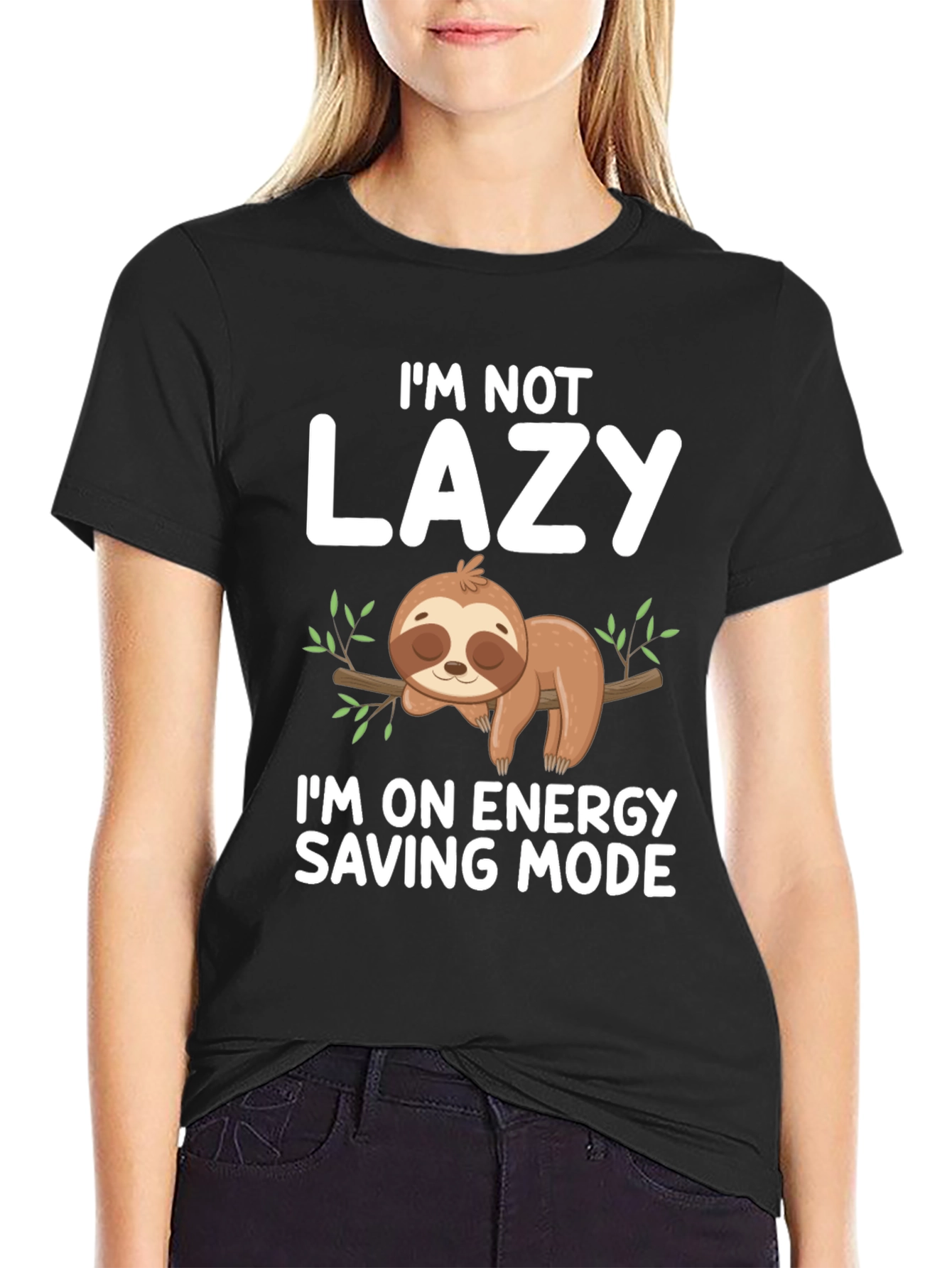 Black Lazy Sloth Energy Saving Mode Graphic Tee view 2