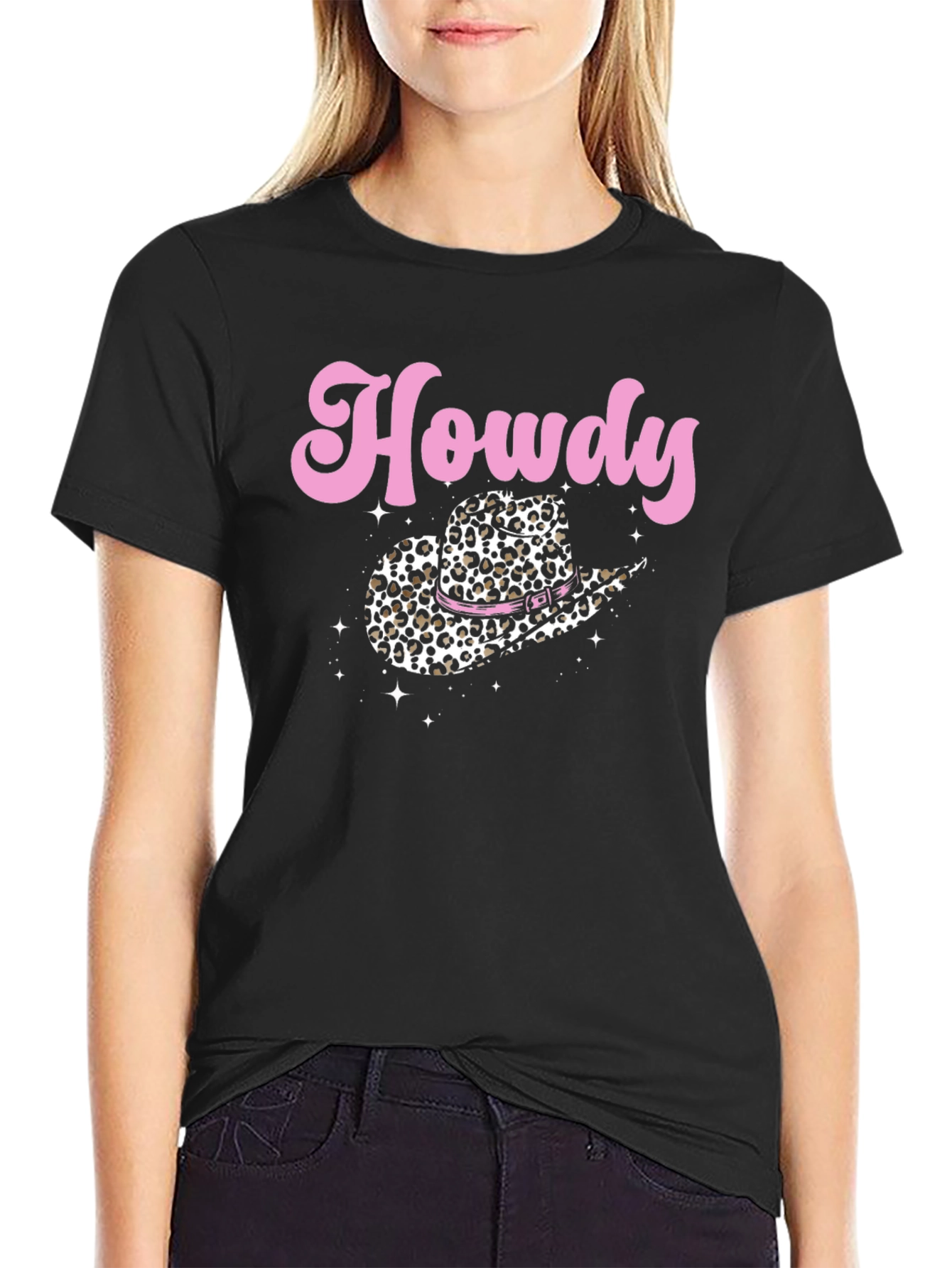 Black Howdy Leopard Cowboy Hat Graphic Tee view 2