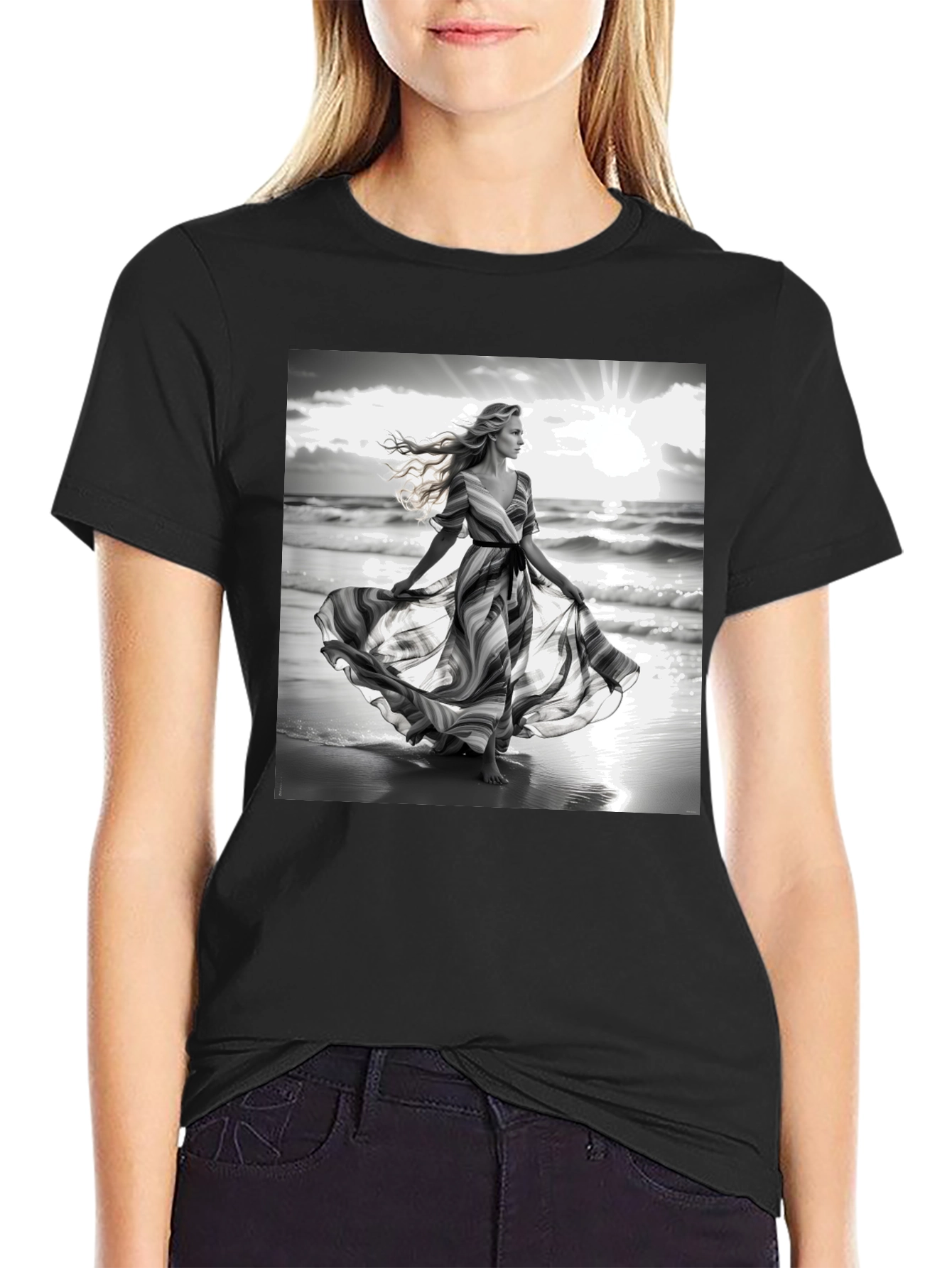 Black Elegant Woman on Beach T-Shirt view 2