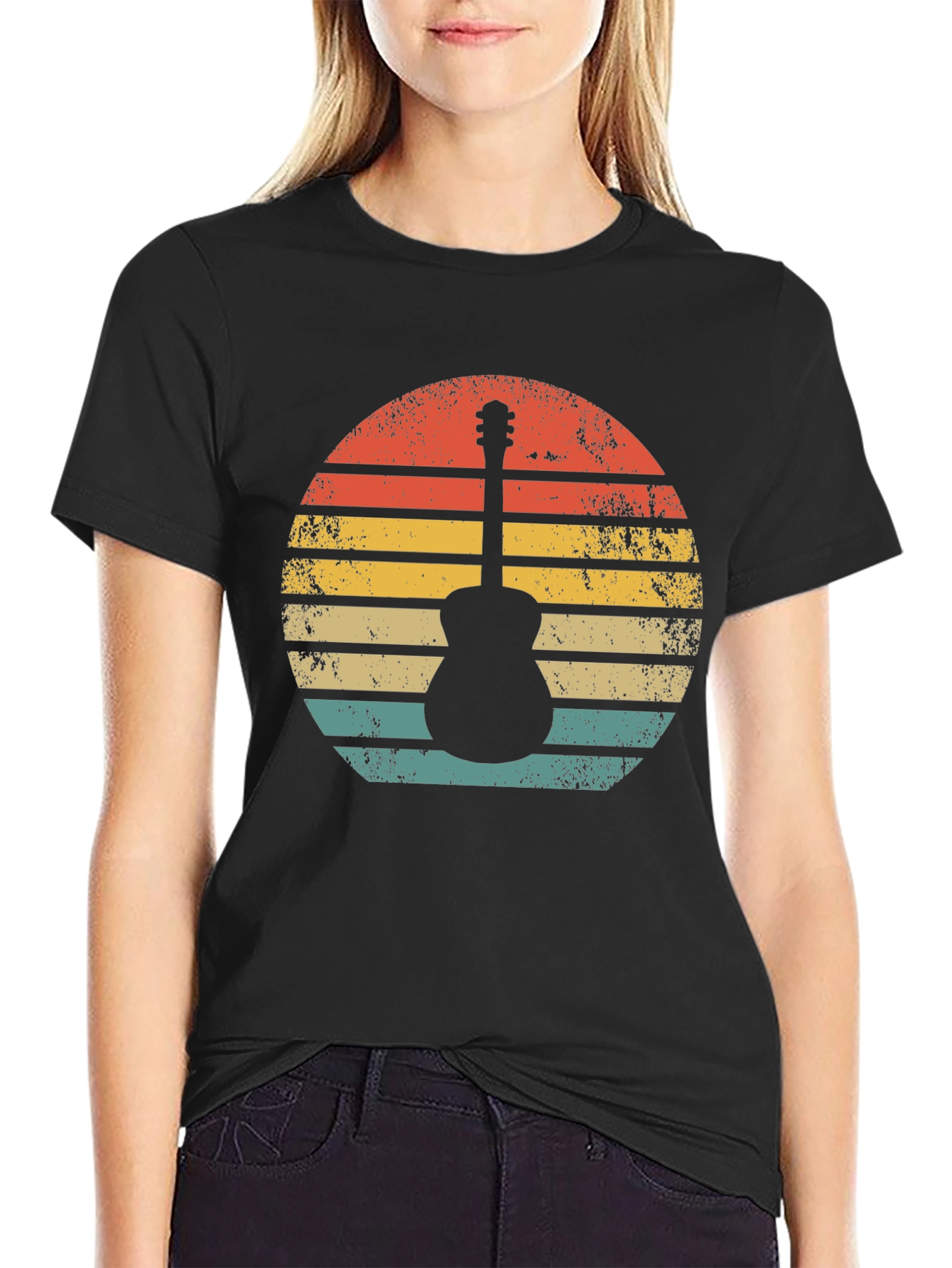 Black Retro Guitar Sunset T-Shirt - Vintage Style Music Tee view 2