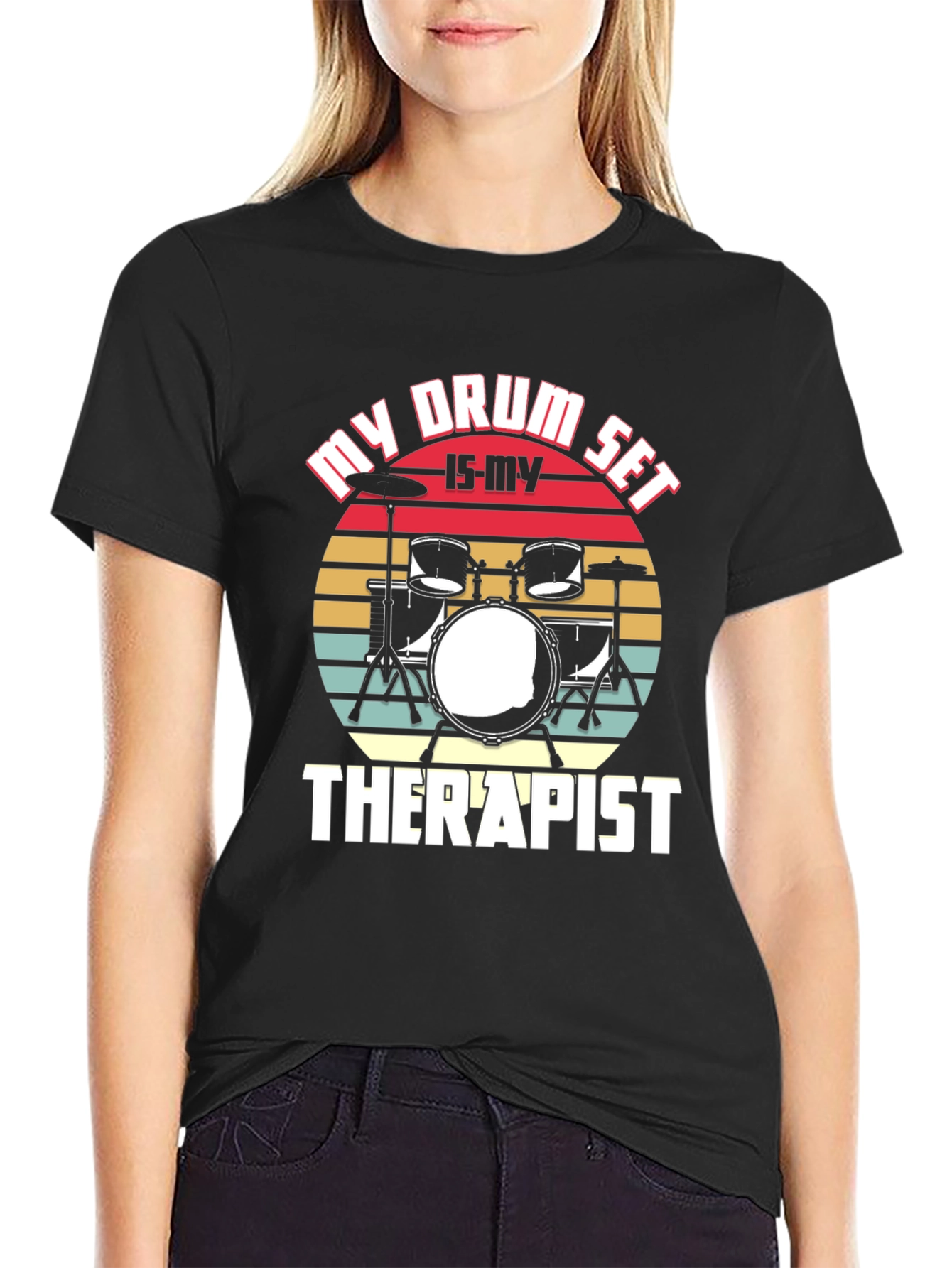 Black My Drum Set Is My Therapist T-Shirt view 2