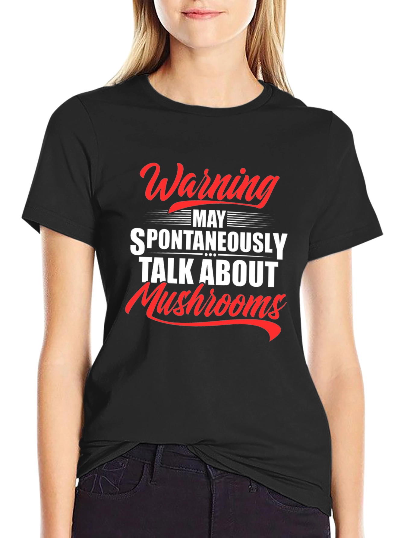 Black Warning: May Spontaneously Talk About Mushrooms T-Shirt view 2
