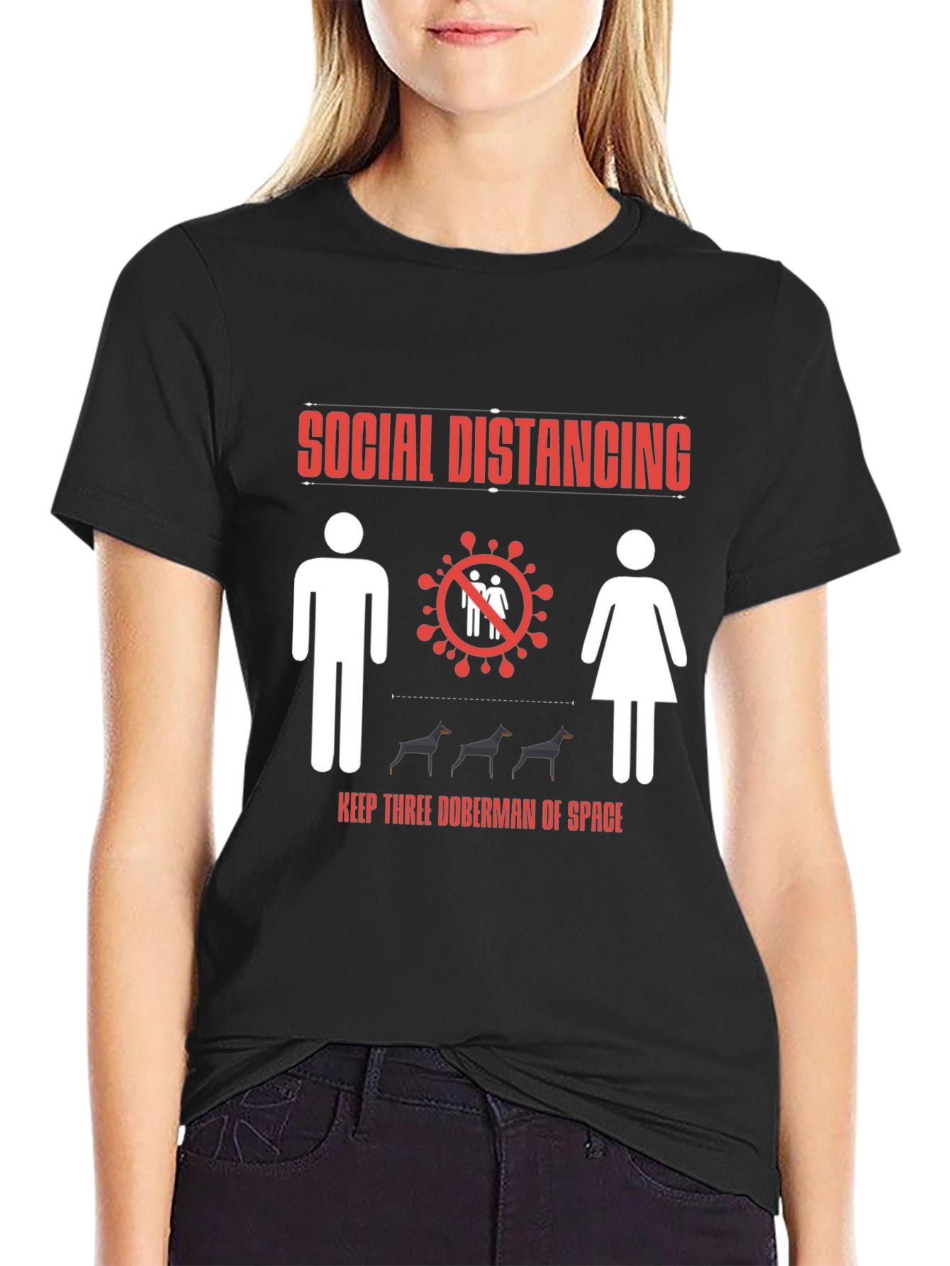 Black Social Distancing Doberman T-Shirt view 2