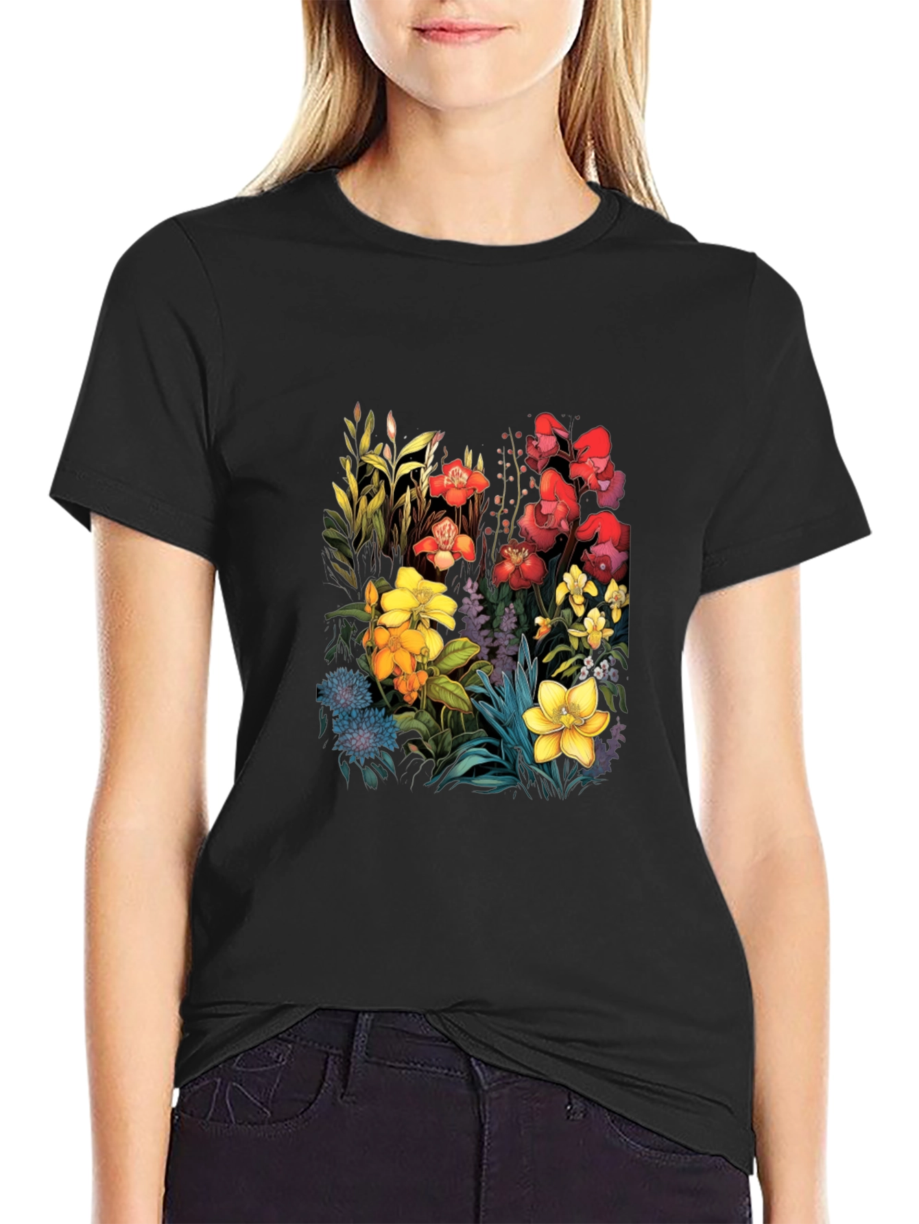 Black Floral Print Black T-Shirt view 2