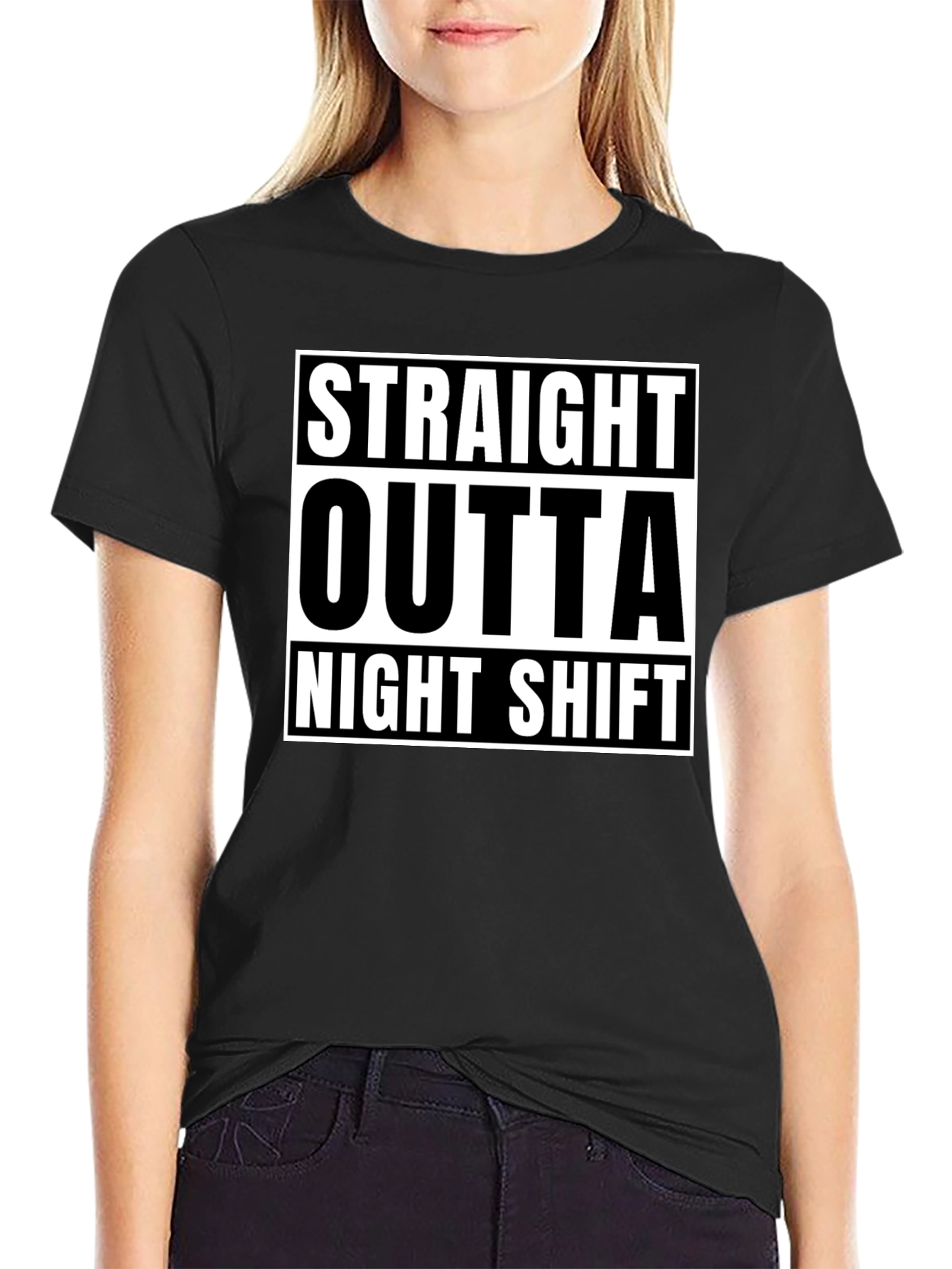 Black Straight Outta Night Shift Black Graphic T-Shirt view 2