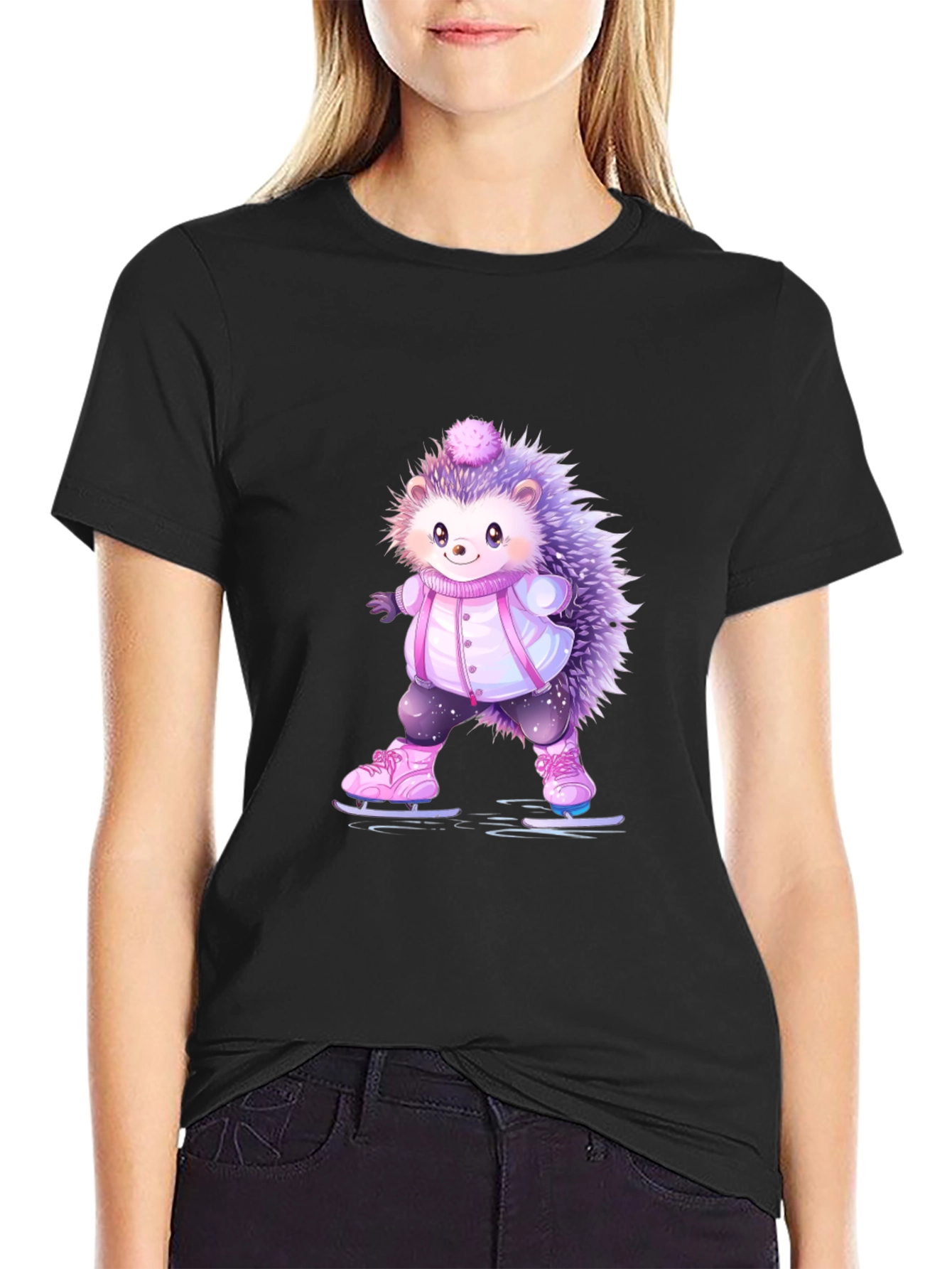 Black Cute Hedgehog Ice Skating T-Shirt view 2