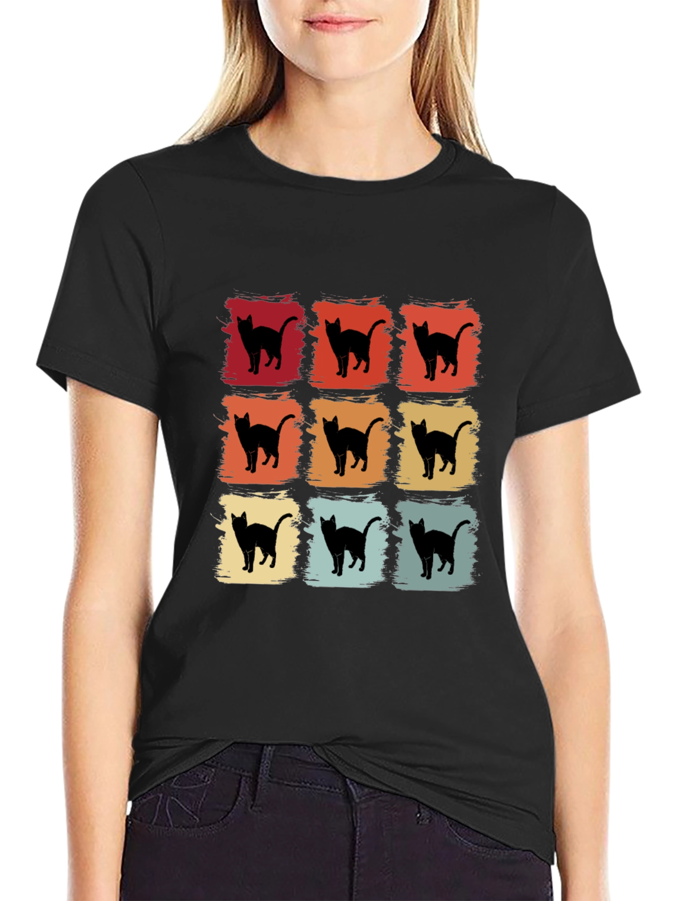 Black Retro Cat Graphic T-Shirt - Vintage Style view 2