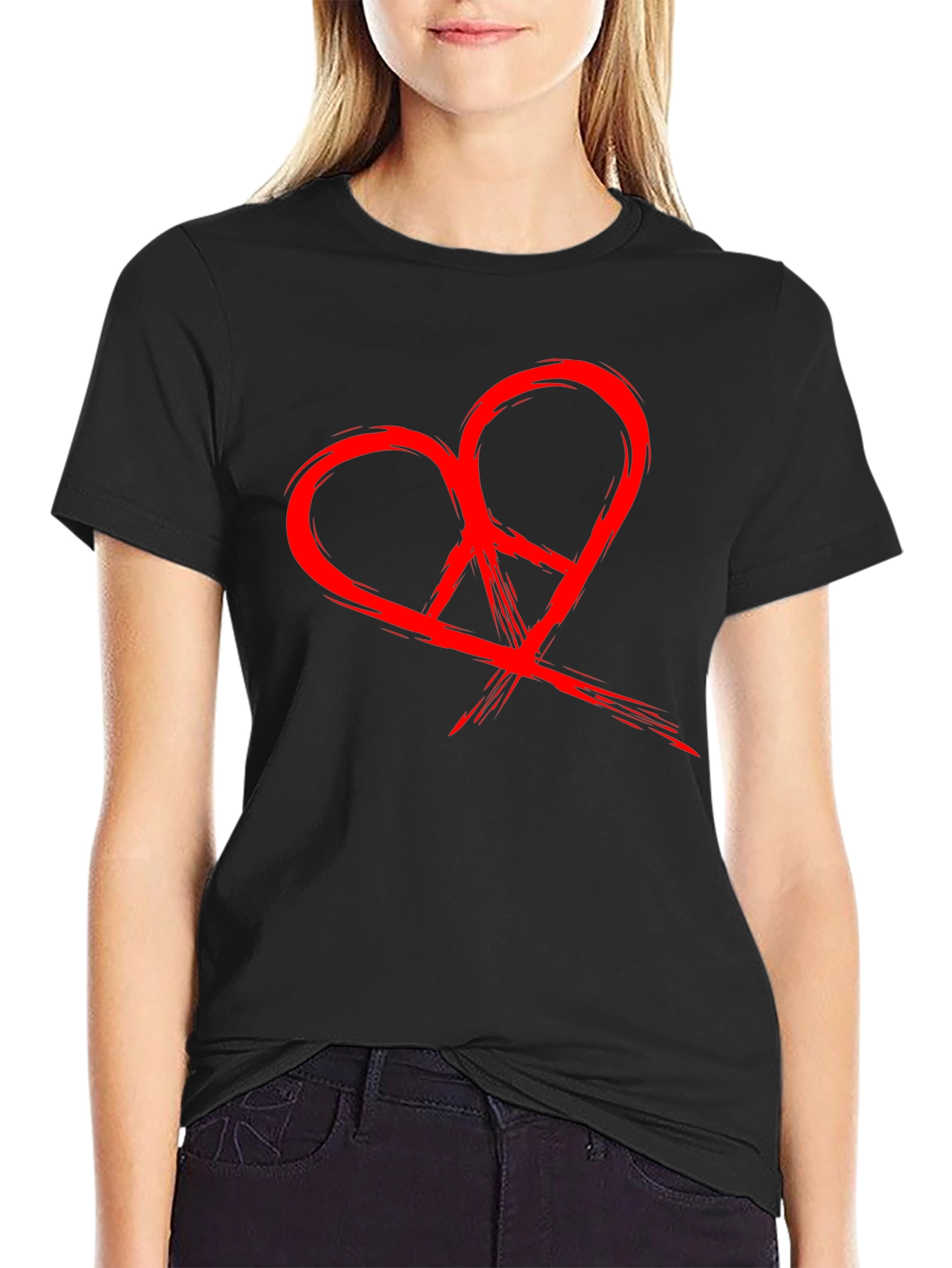 Black Heart Peace Sign Graphic Black T-Shirt view 2