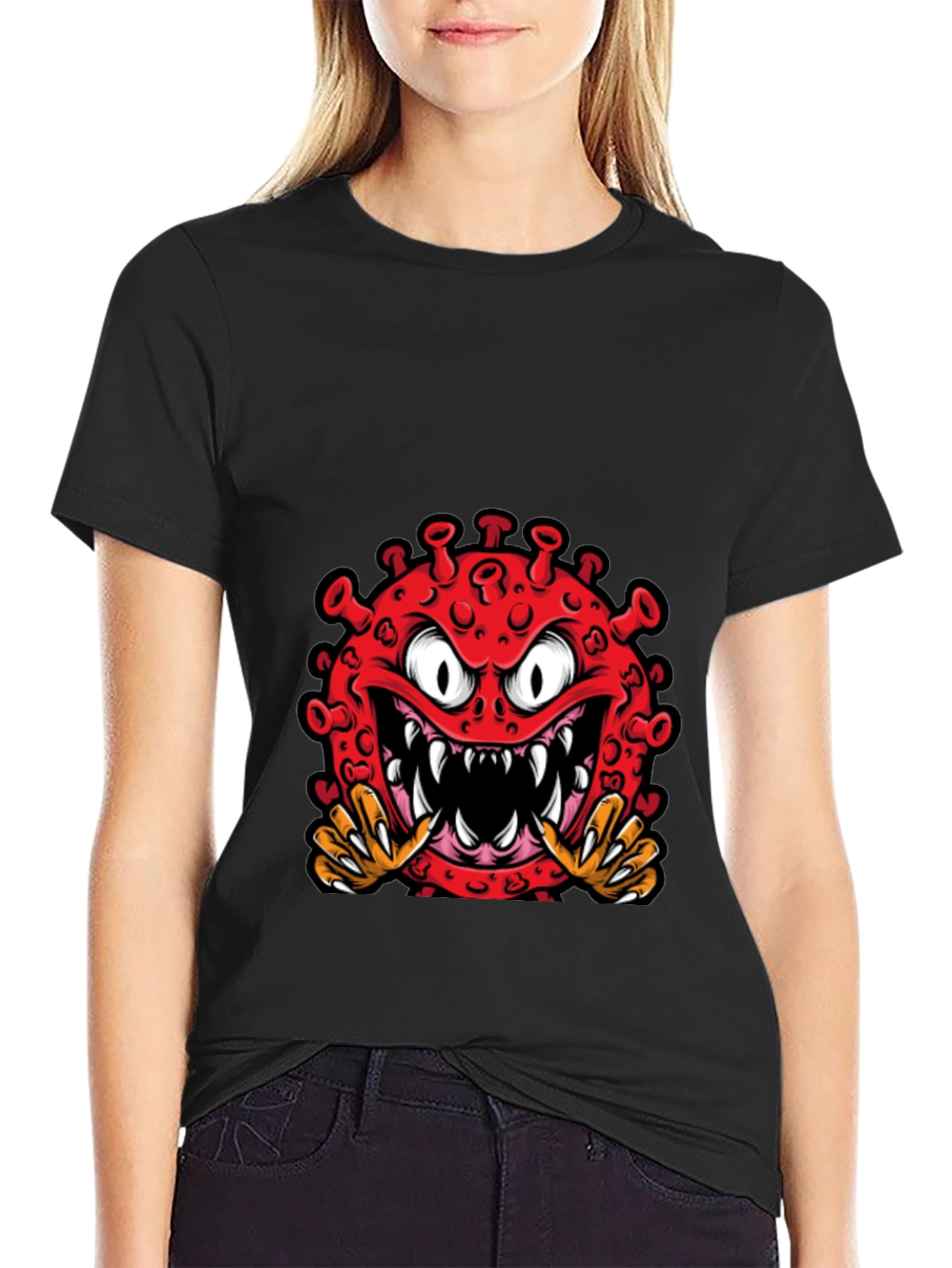 Black Cartoon Virus Graphic Tee - Novelty T-Shirt view 2