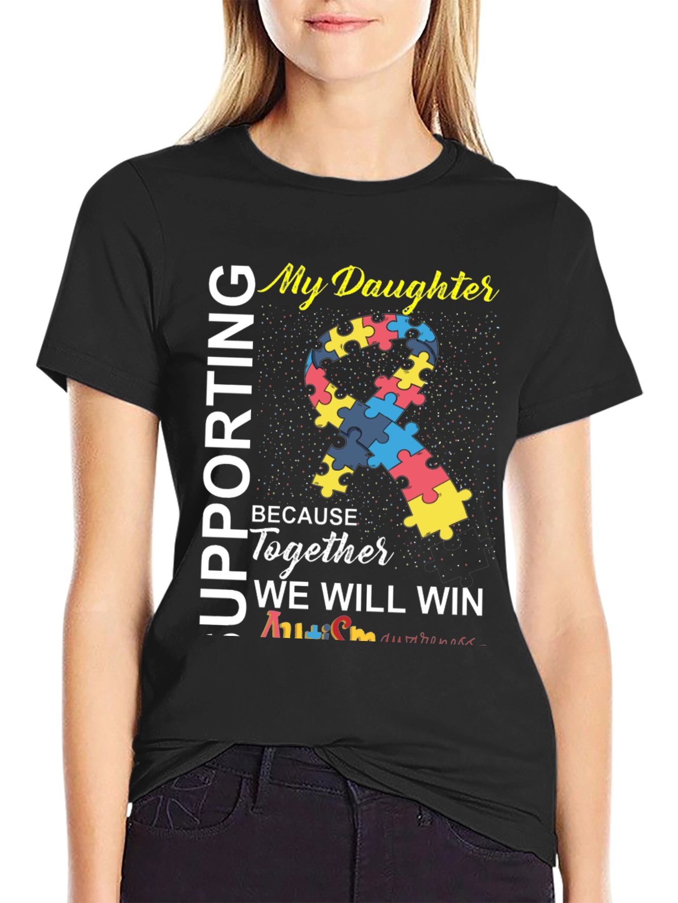 Black Autism Awareness T-Shirt - My Daughter - Together We Will Win view 2