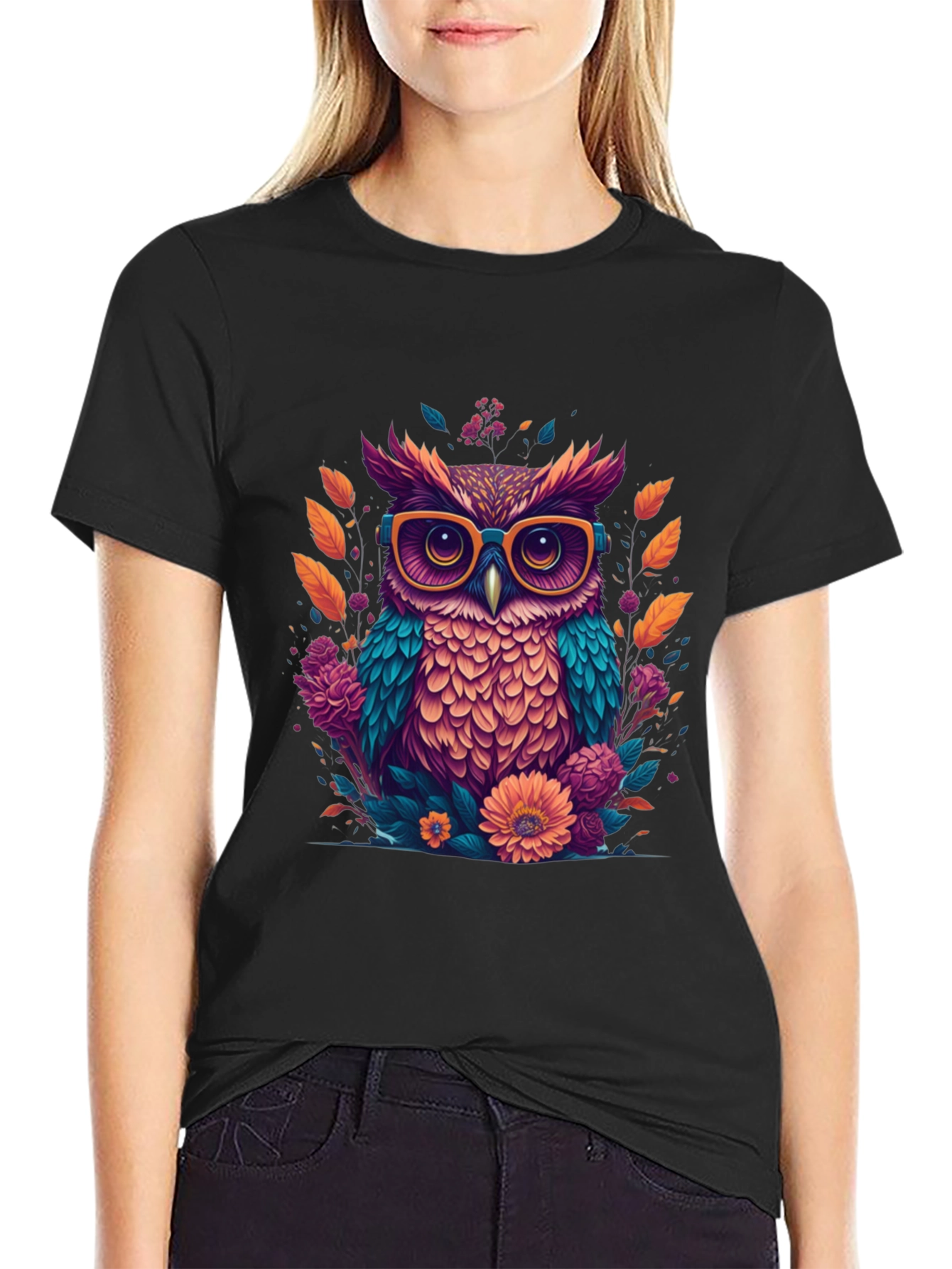 Black Owl with Glasses Graphic Tee view 2