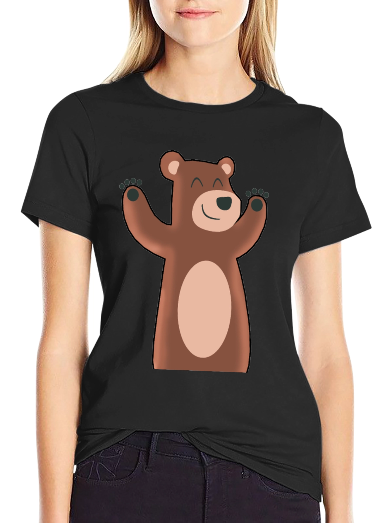 Black Cute Cartoon Bear Black T-Shirt view 2