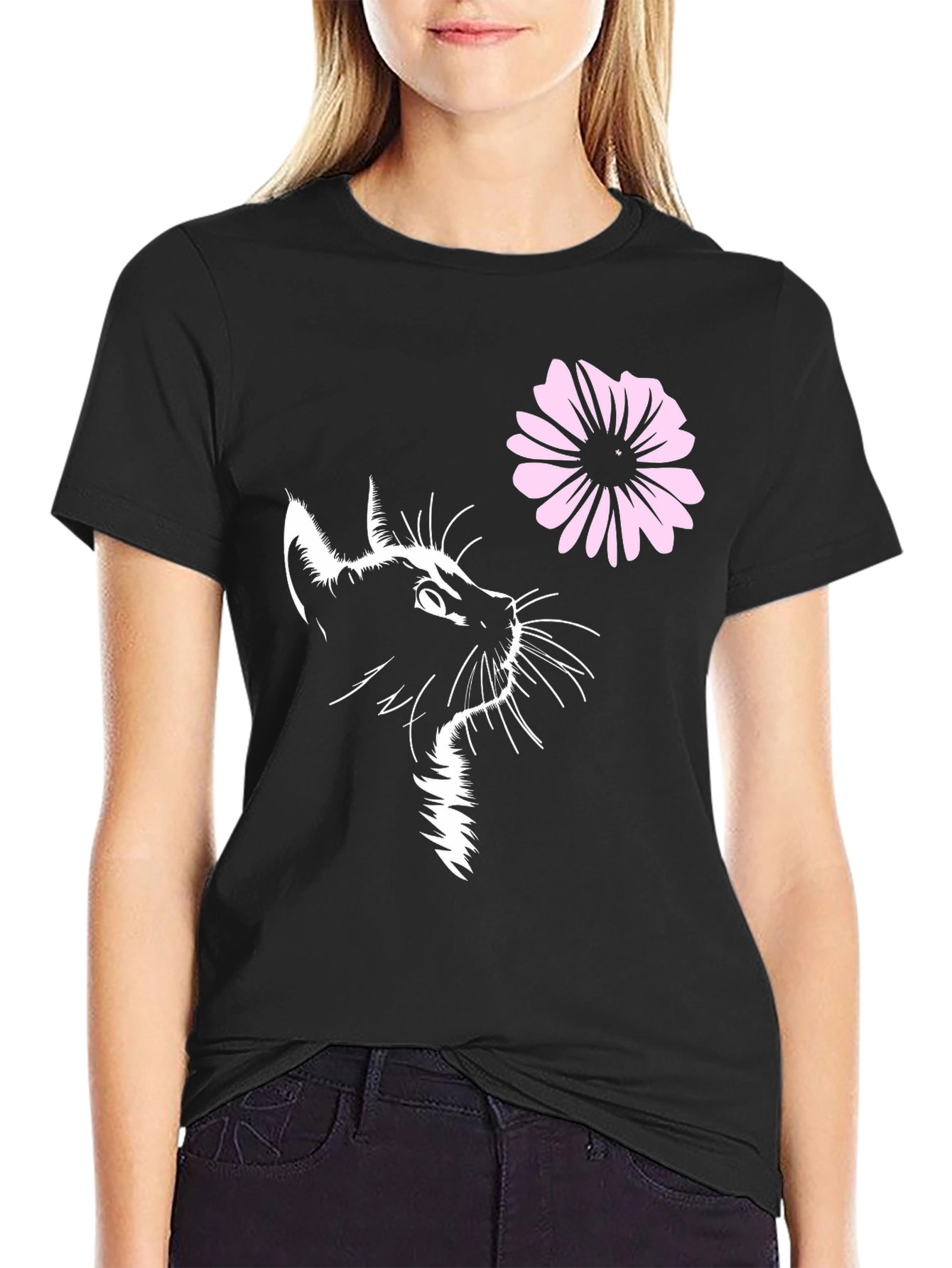 Black Black Cat & Flower Graphic T-Shirt view 2