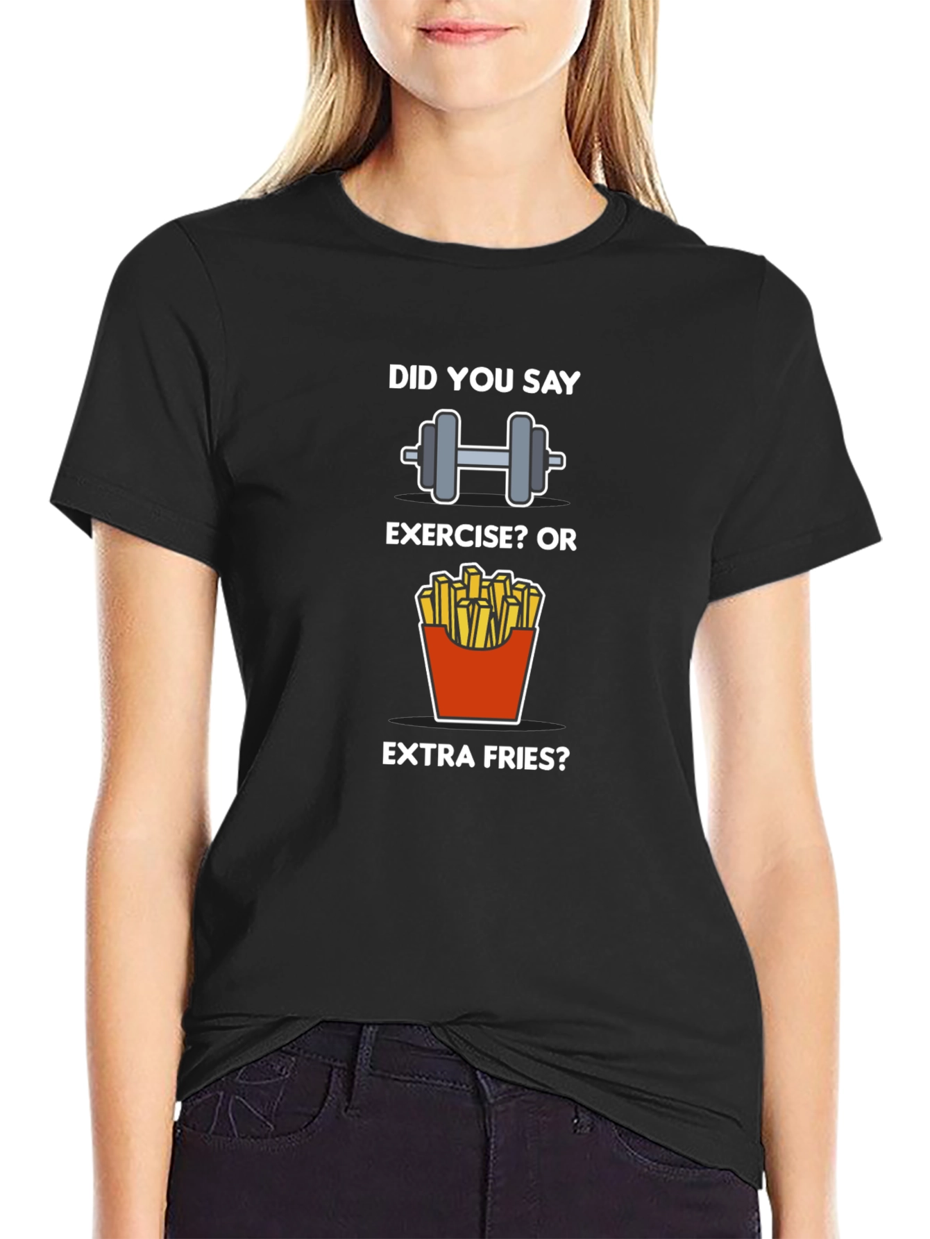 Black Exercise or Extra Fries T-Shirt - Funny Workout Tee view 2