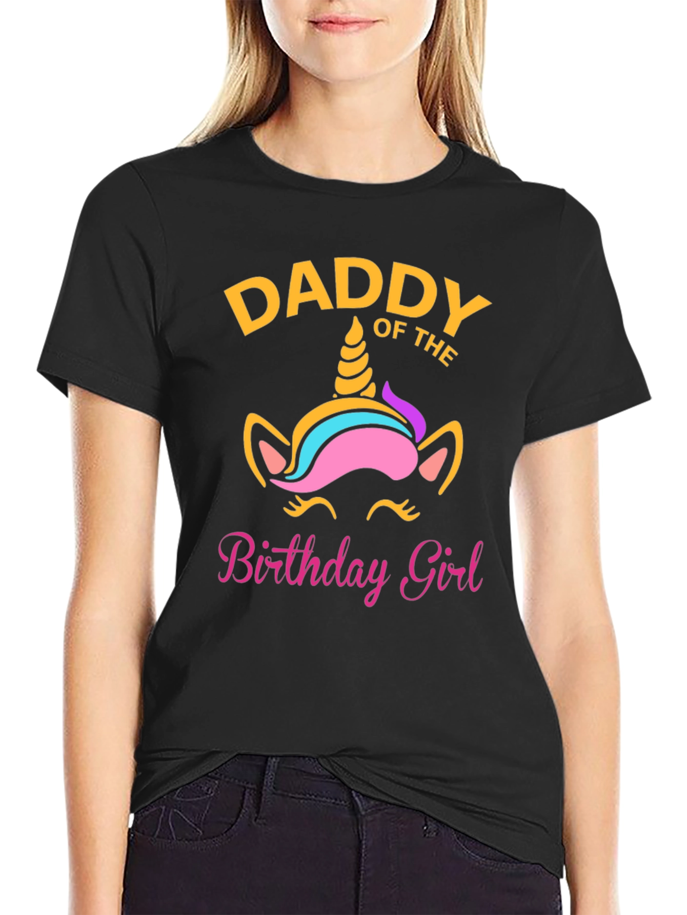 Black Daddy of the Birthday Girl Unicorn T-Shirt view 2