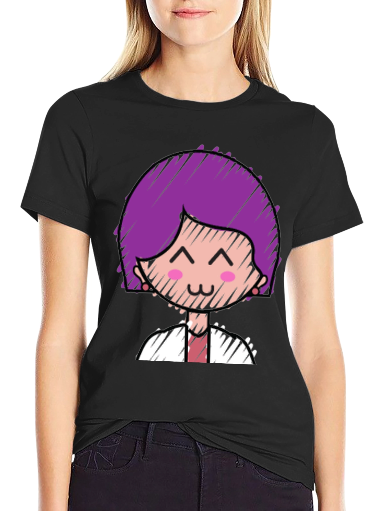 Black Cute Character Graphic Tee - Black Cotton Blend view 2