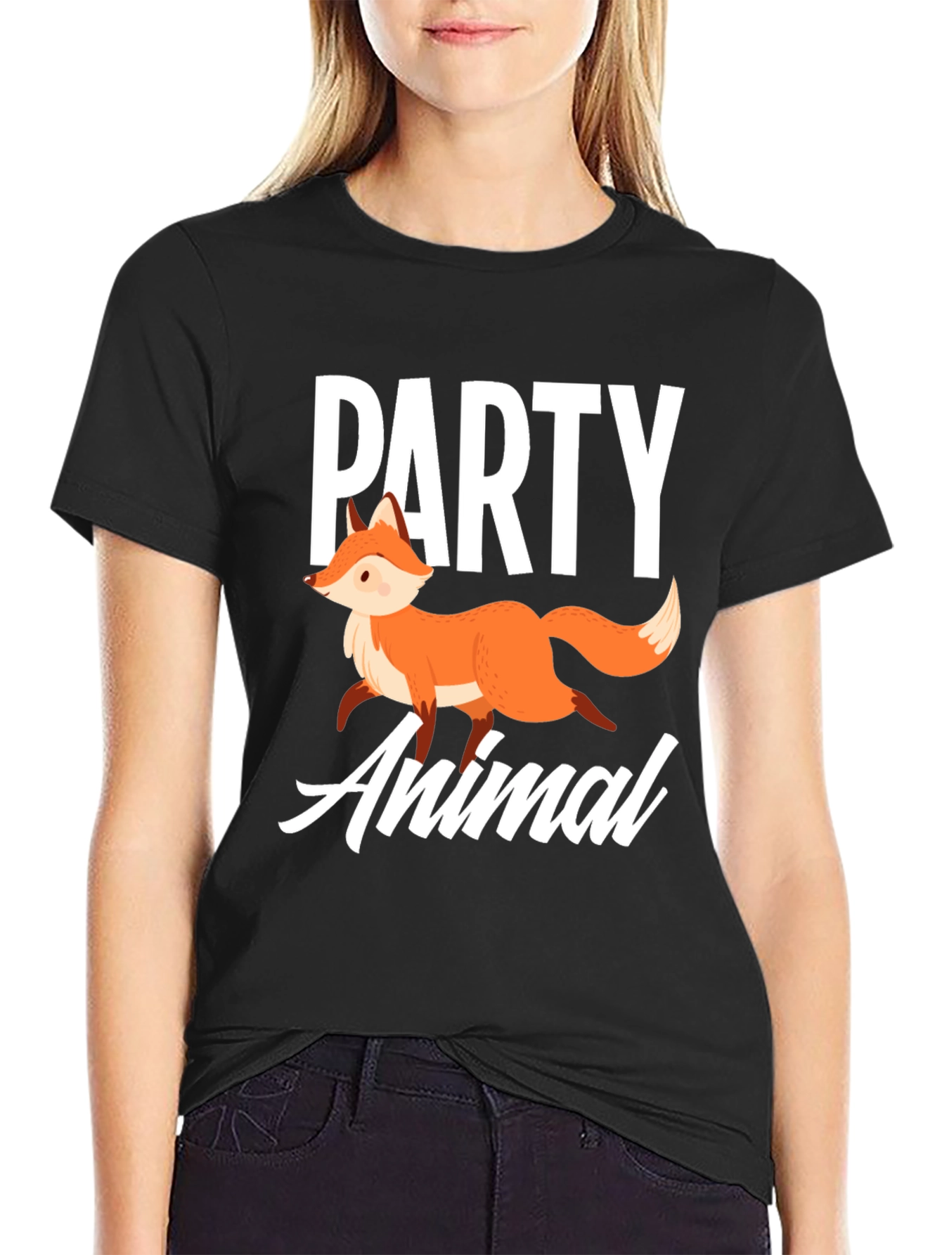 Black Party Animal Fox Graphic T-Shirt - Unisex view 2