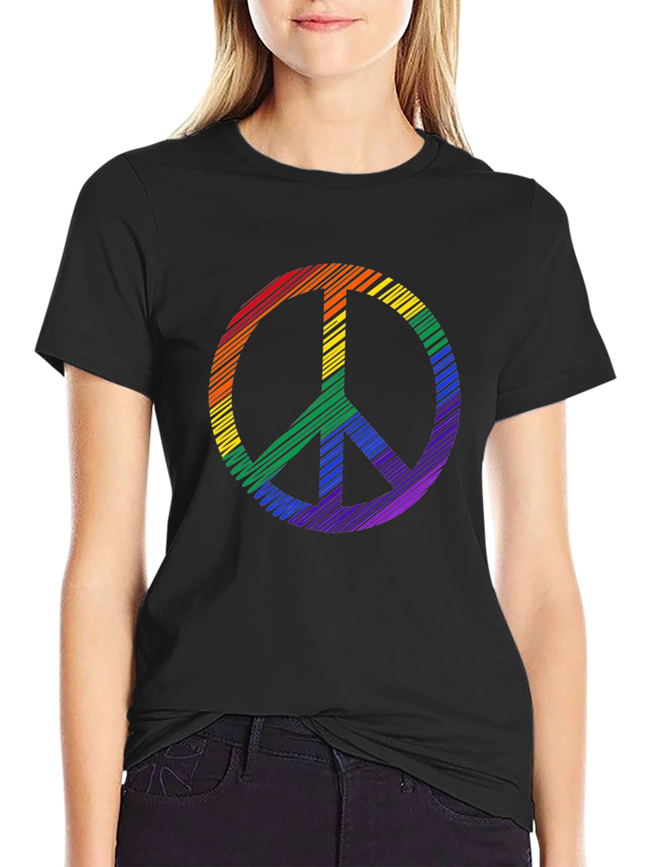 Black Rainbow Peace Sign Graphic Tee - Black Cotton Casual Shirt view 2
