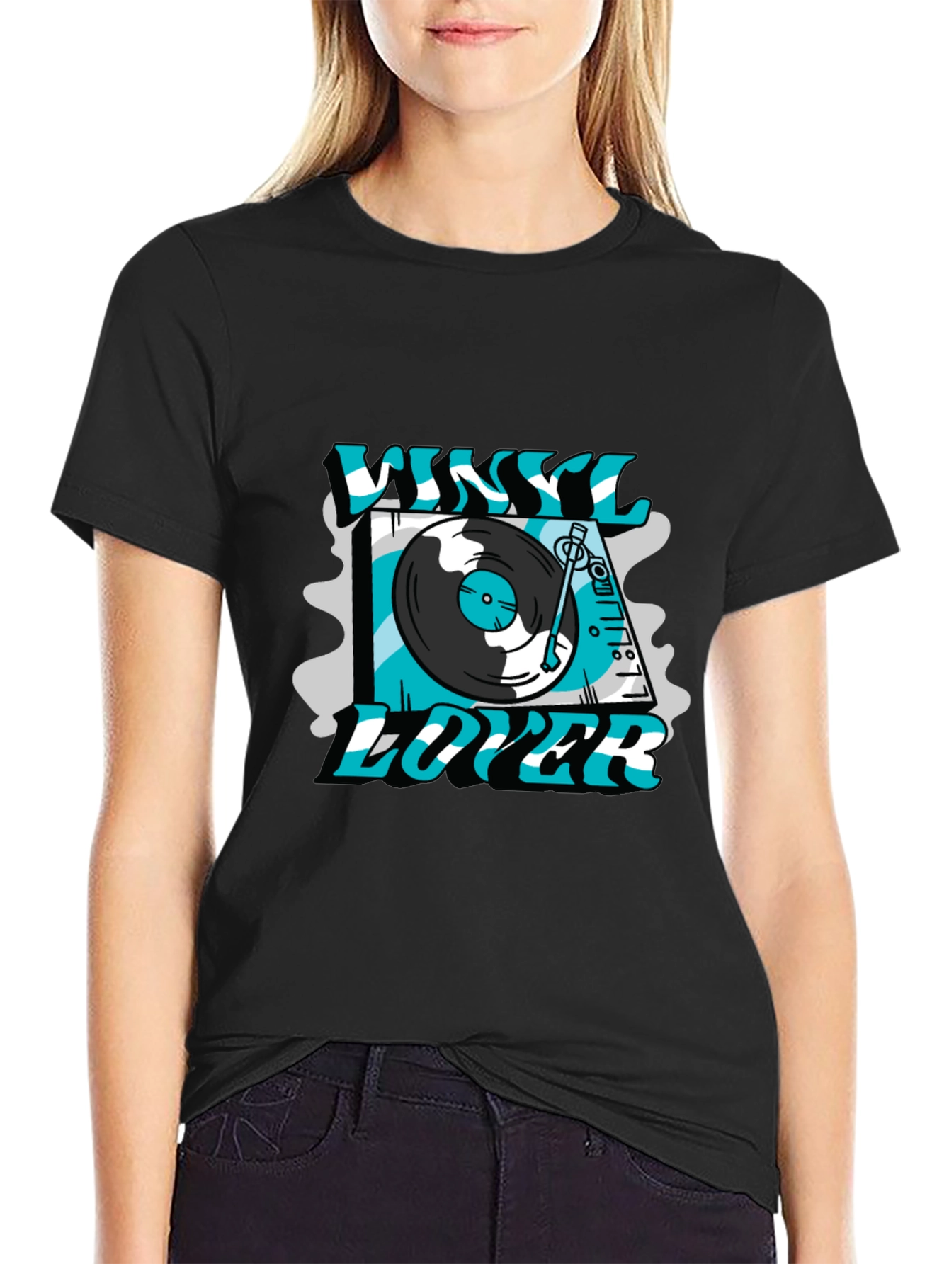 Black Vinyl Lover Graphic Tee - Black Cotton T-Shirt view 2