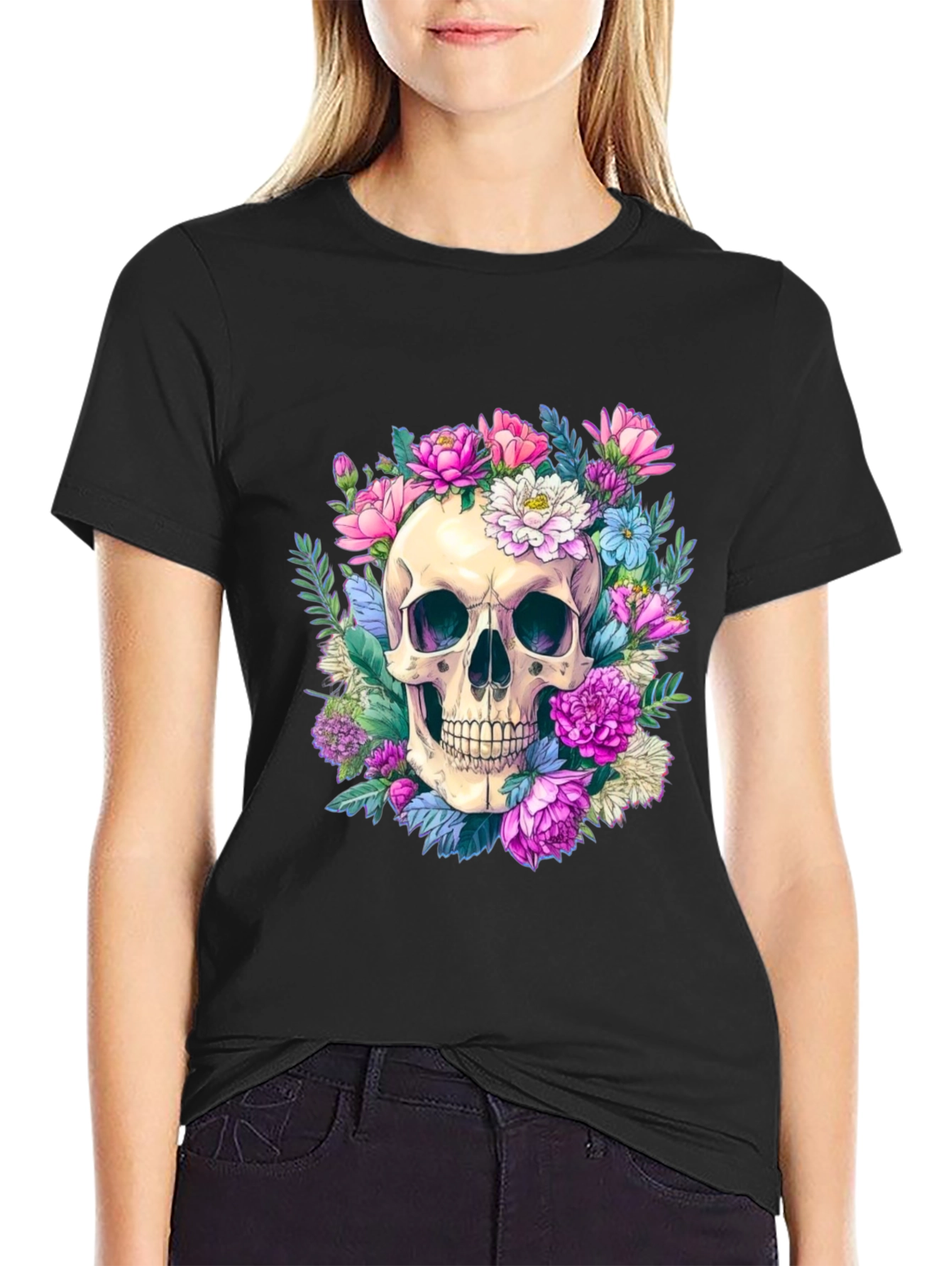 Black Floral Skull Graphic Tee - Men's Black T-Shirt view 2