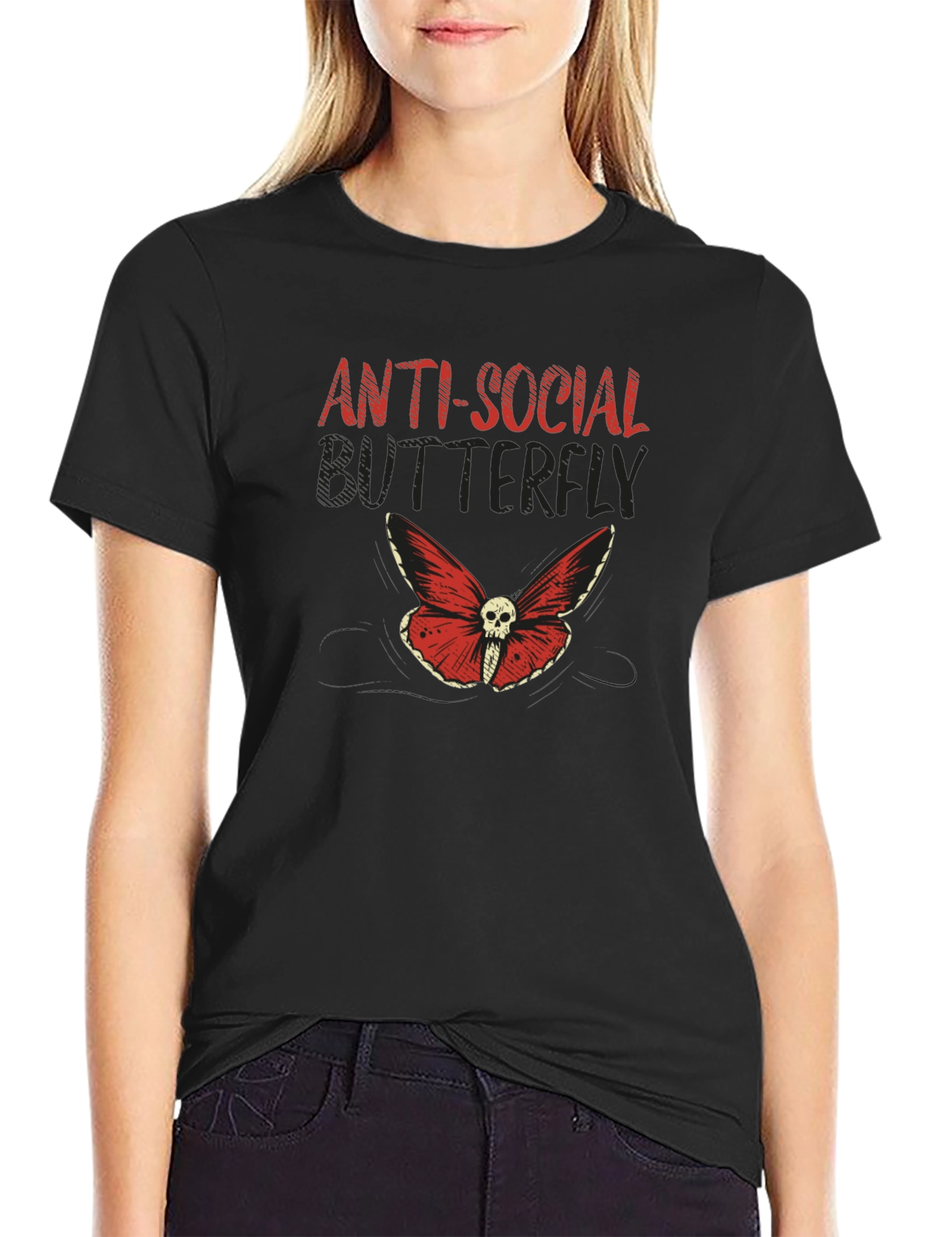 Black Anti-Social Butterfly Graphic T-Shirt view 2