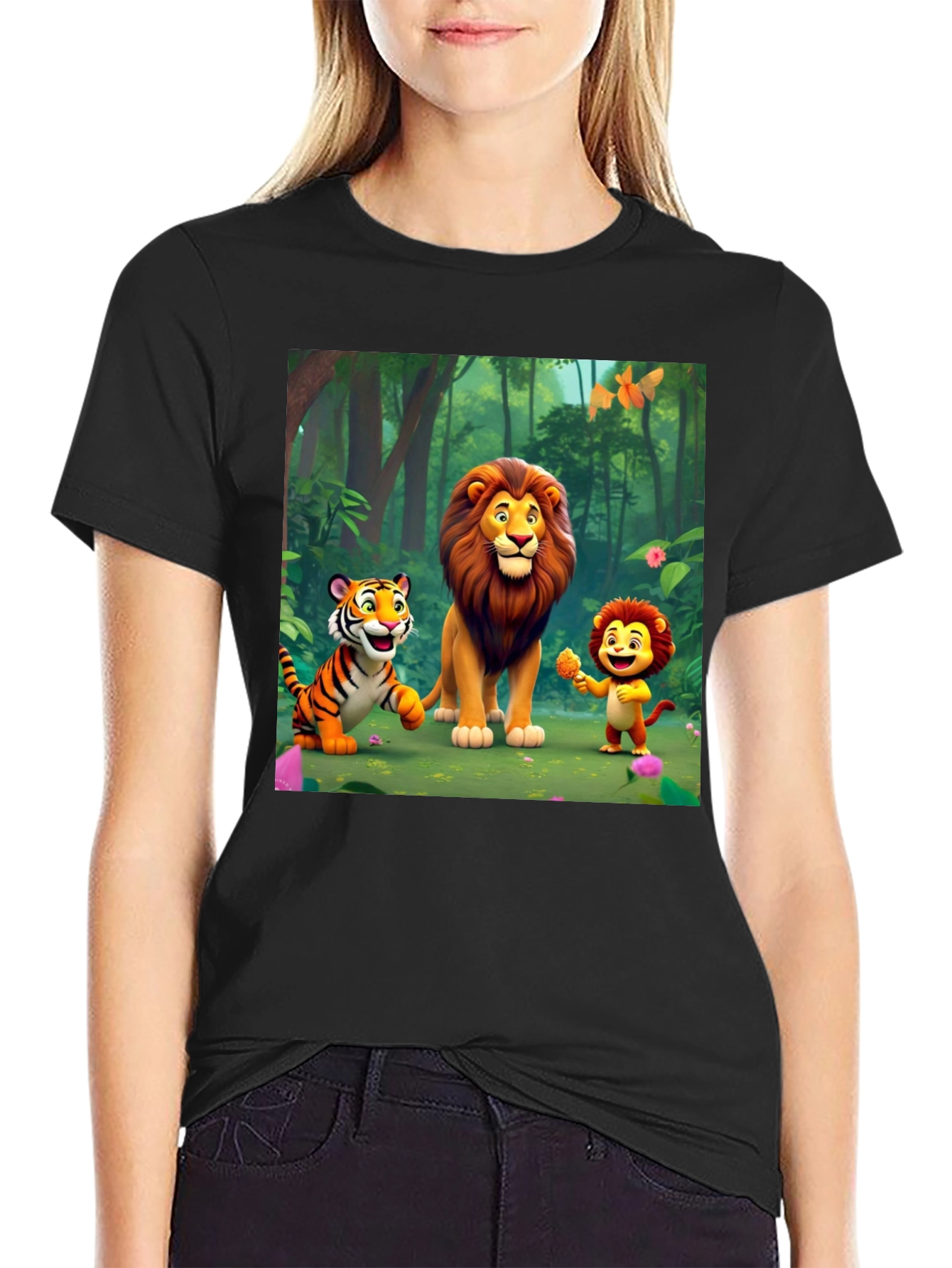 Black Cartoon Animal Print T-Shirt view 2