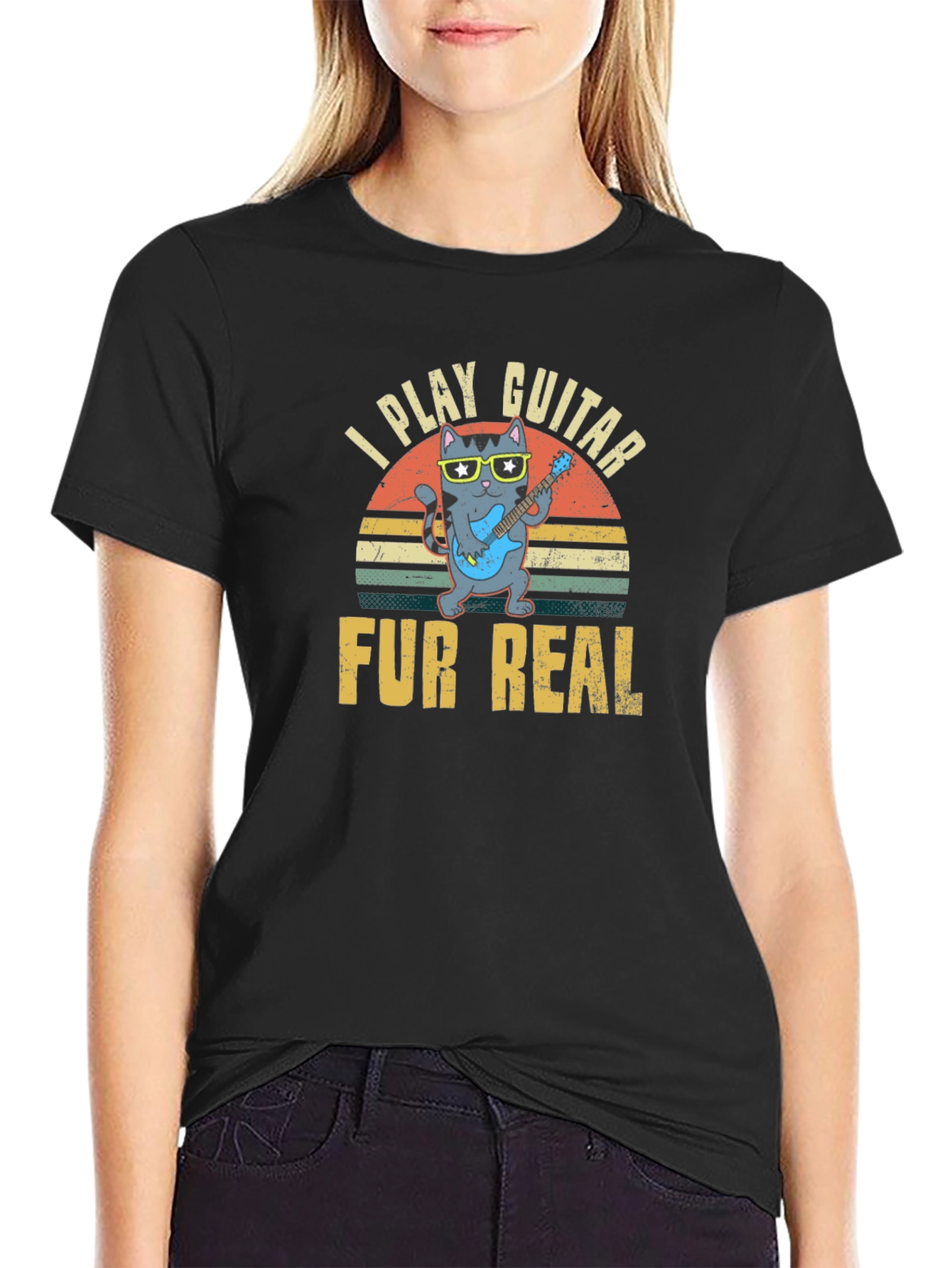 Black I Play Guitar Fur Real T-Shirt - Cool Cat Design view 2