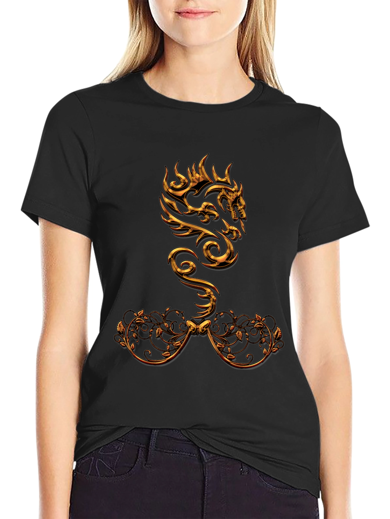 Black Golden Dragon Graphic Print Black T-Shirt view 2