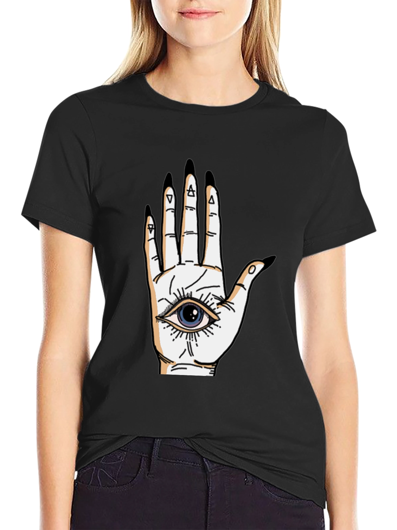 Black Eye-in-Hand Graphic Tee - All Seeing Black T-Shirt view 2