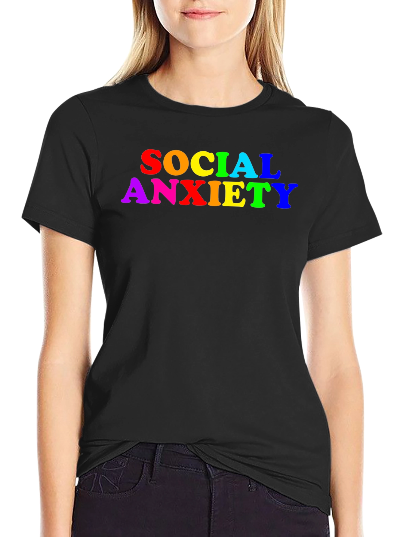 Black Social Anxiety Rainbow Text Black T-Shirt view 2