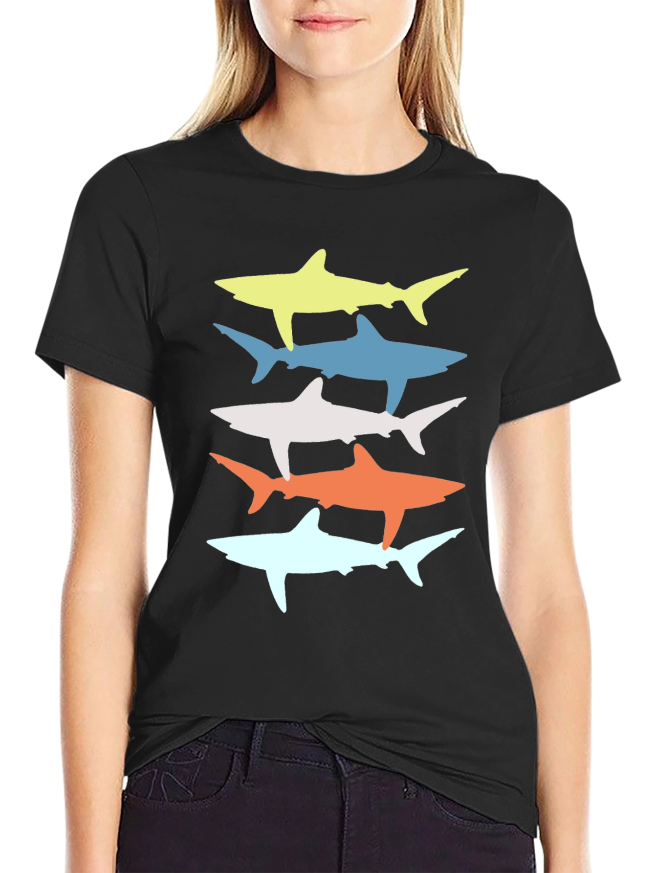 Black Retro Shark Stack Graphic Tee - Cool Casual Style view 2