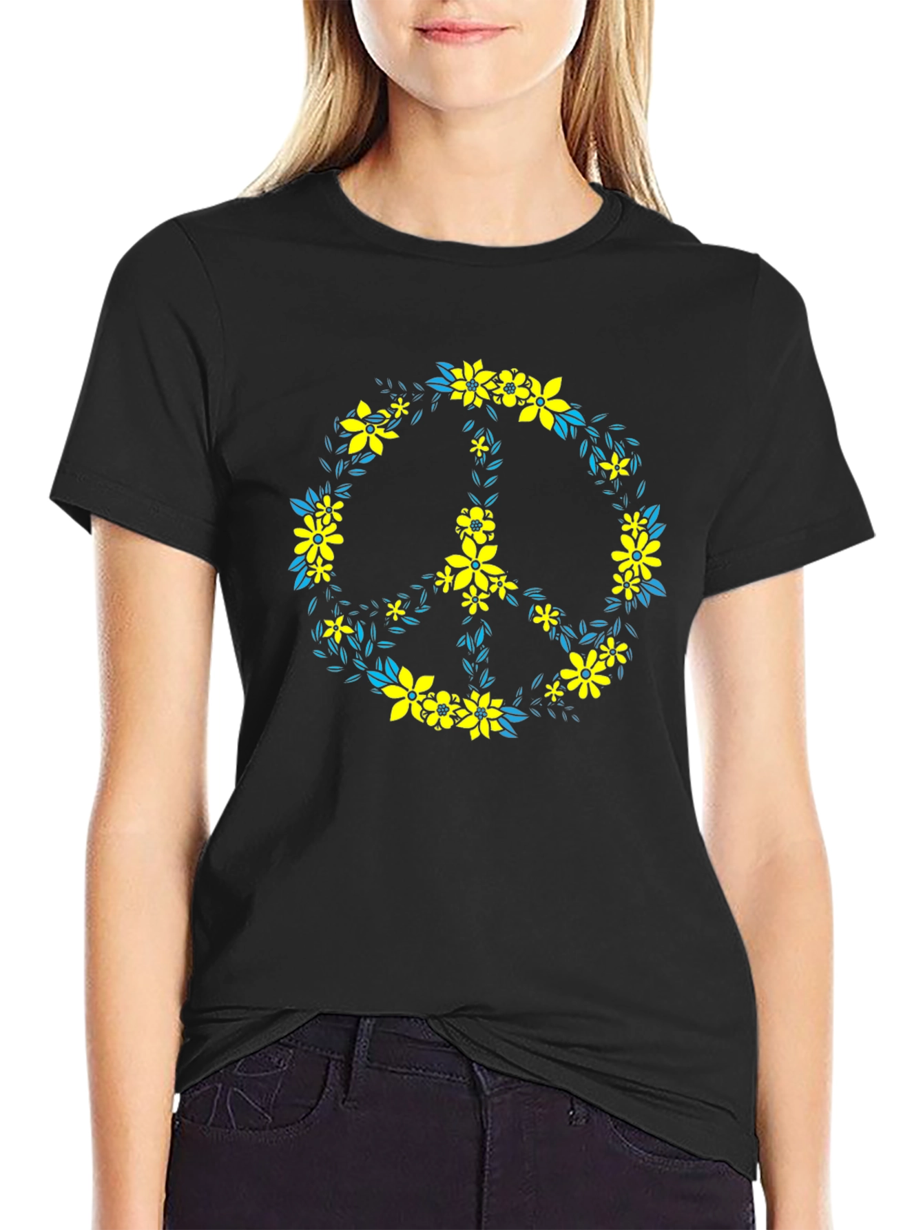 Black Floral Peace Sign Black T-Shirt view 2