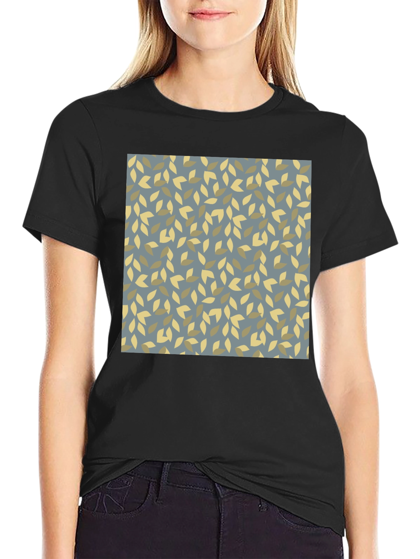 Black Leaf Pattern Black Tee - Modern Casual Style view 2