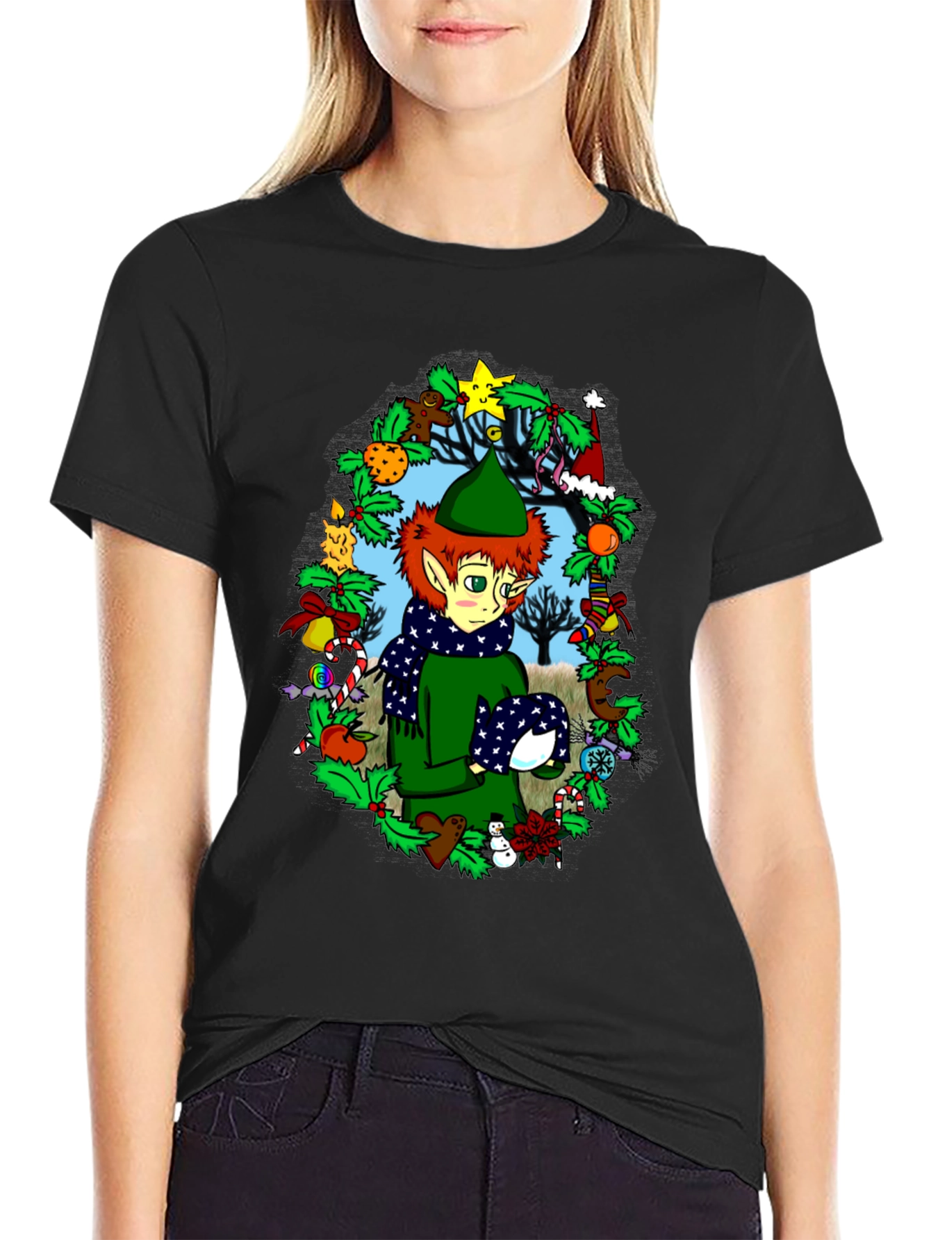 Black Festive Elf Christmas T-Shirt view 2
