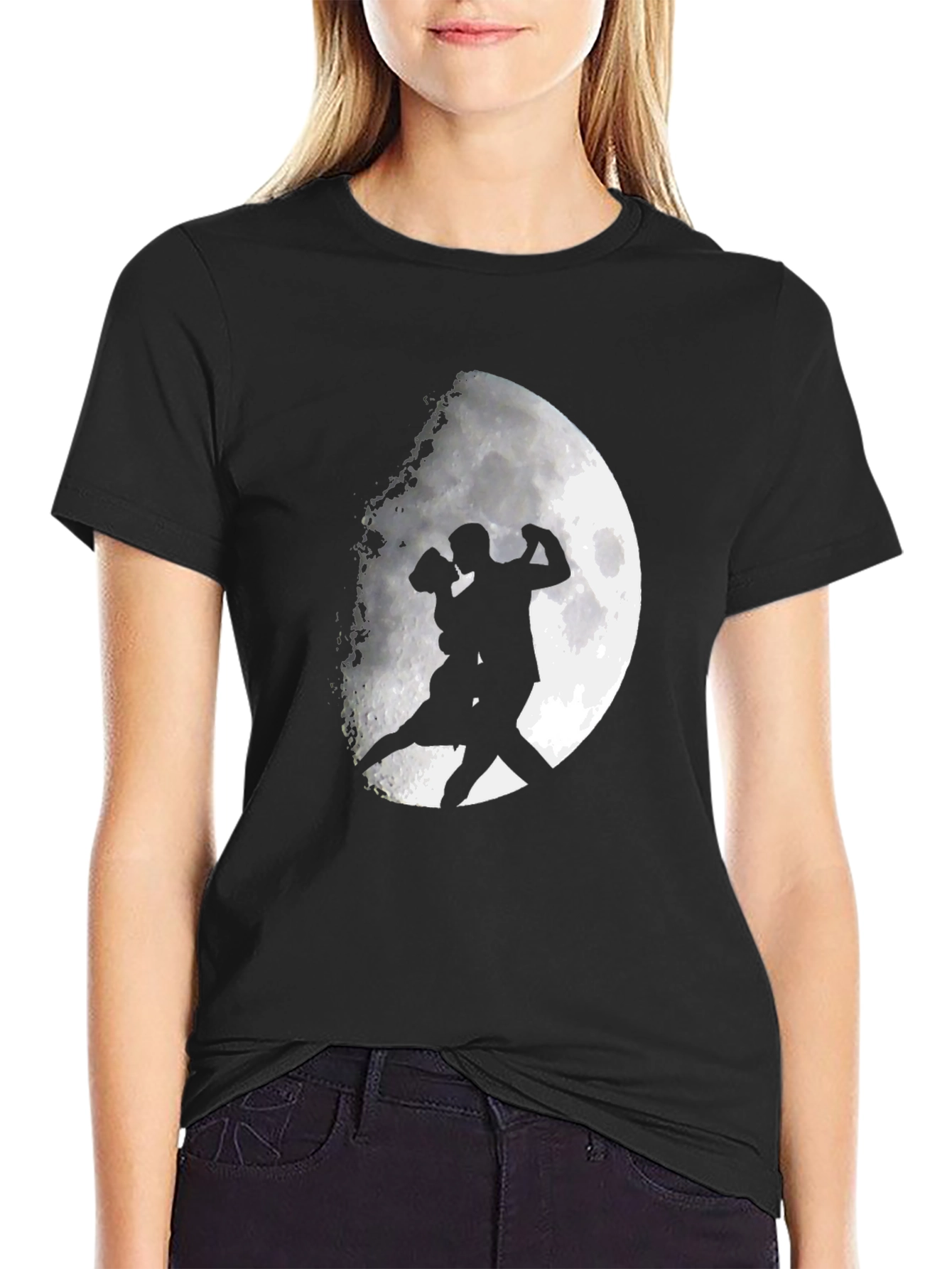 Black Romantic Tango Couple Moon Graphic T-Shirt - Black view 2