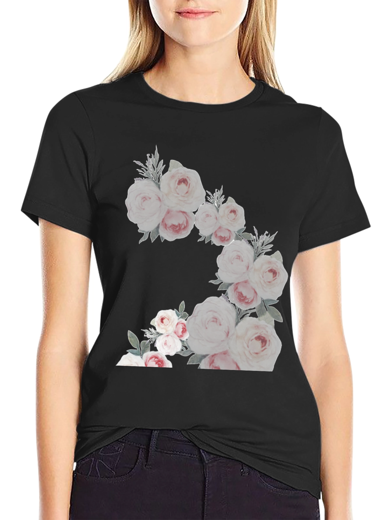 Black Floral Graphic Tee - Black Cotton Blend view 2