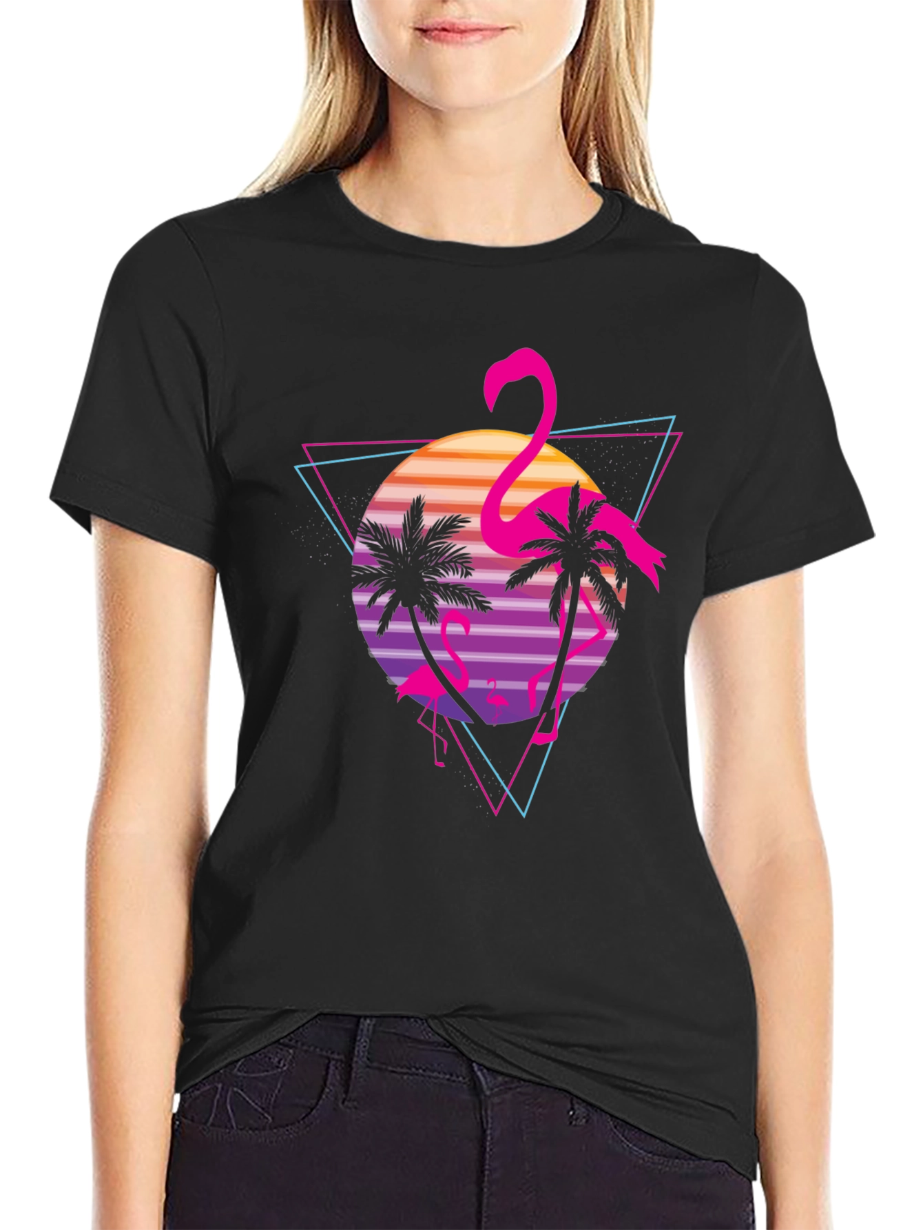 Black Retro Flamingo Sunset Graphic Tee view 2