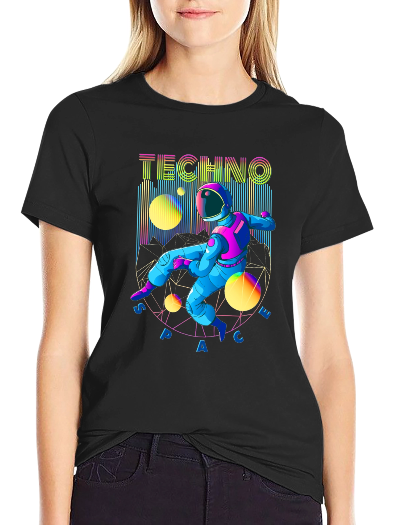 Black Techno Space T-Shirt - Retro Astronaut Design view 2