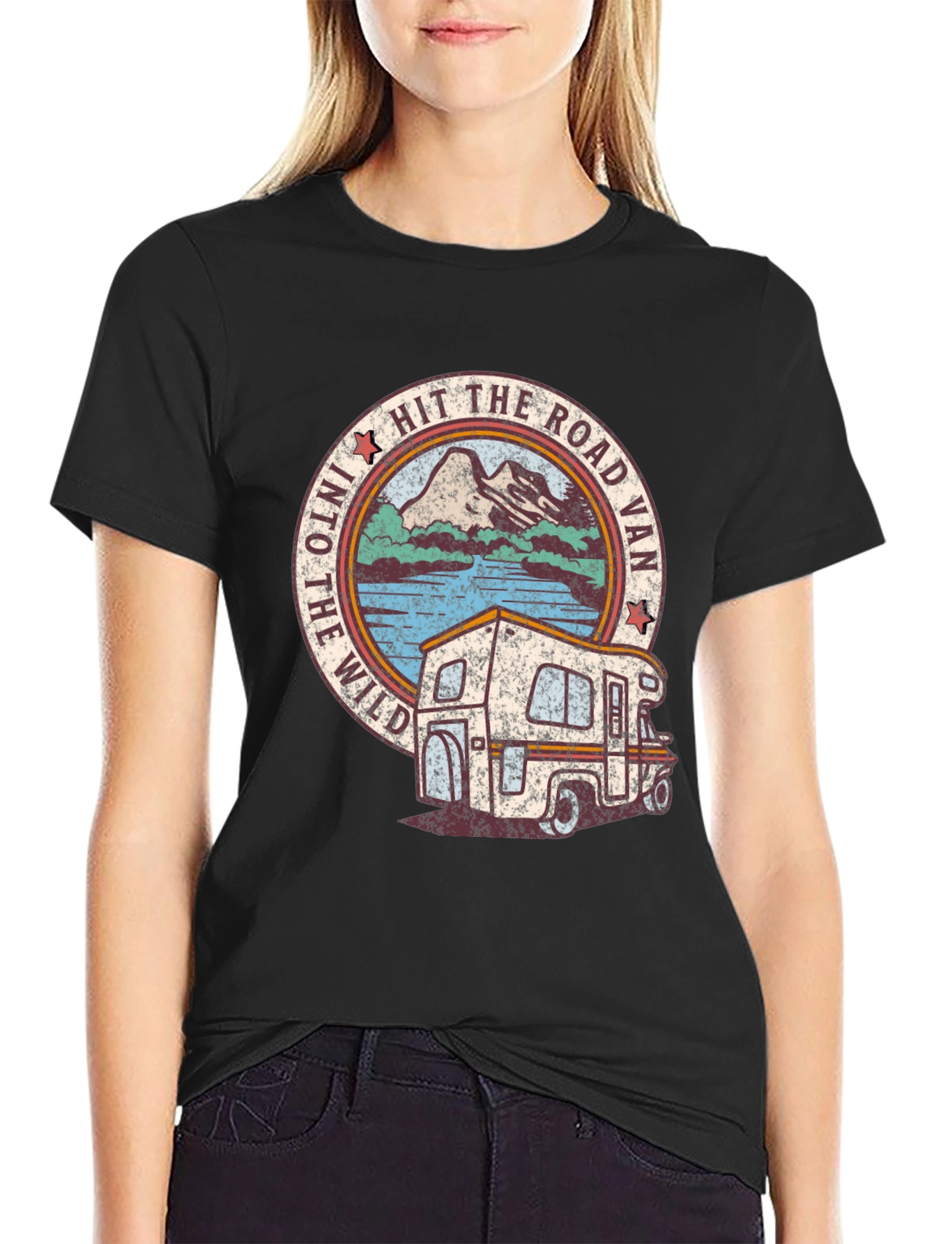 Black Hit The Road Van T-Shirt - Retro Wild Adventure Tee view 2