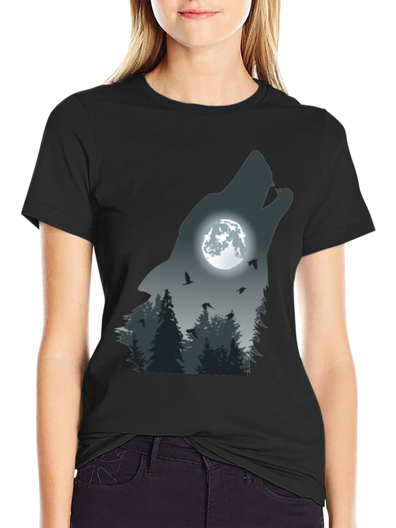 Black Wolf Moon Forest Graphic Tee - Men's Black T-Shirt view 2