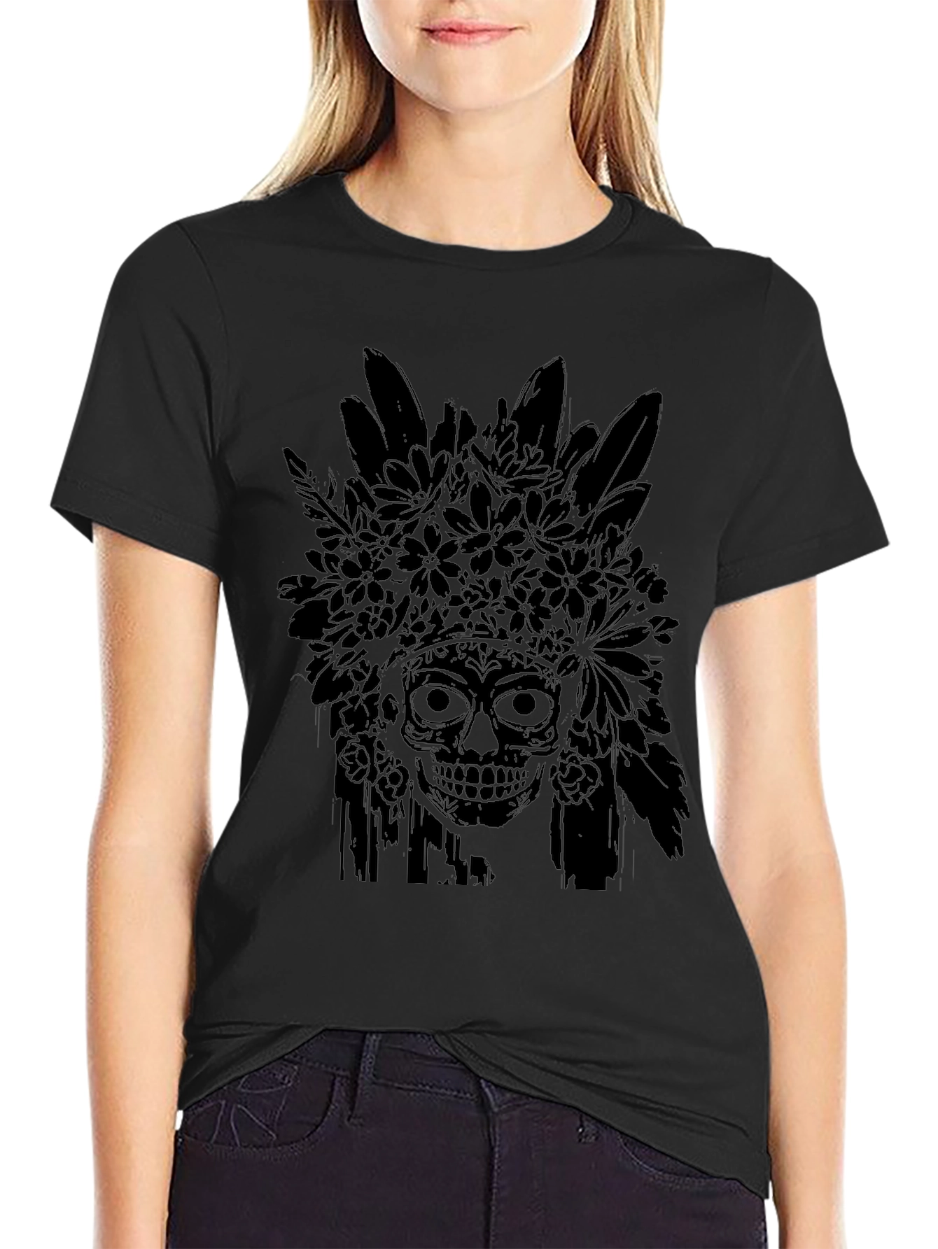 Black Floral Skull Graphic Tee - Men's Black T-Shirt view 2