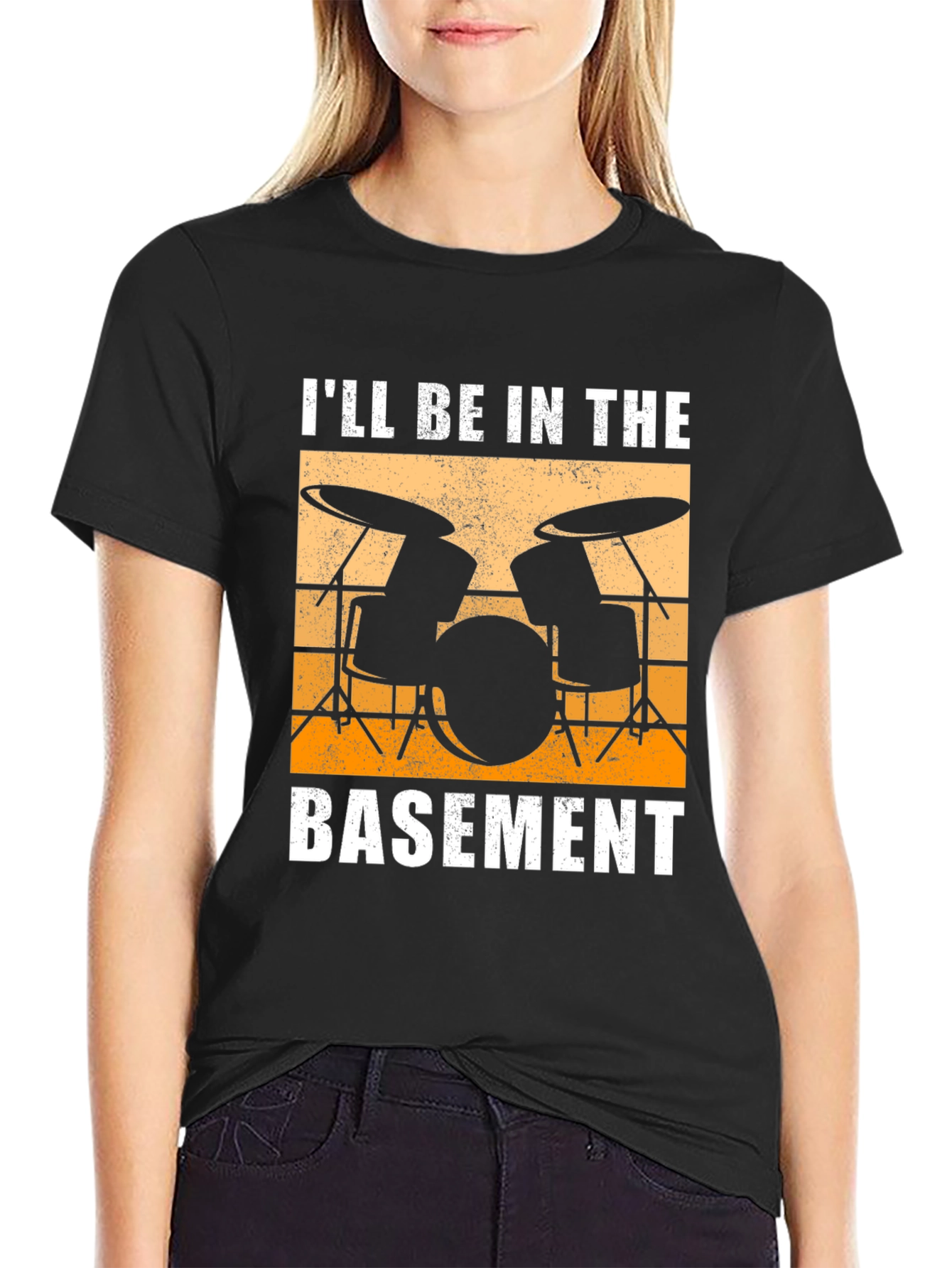 Black I'll Be In The Basement Drum Set T-Shirt view 2