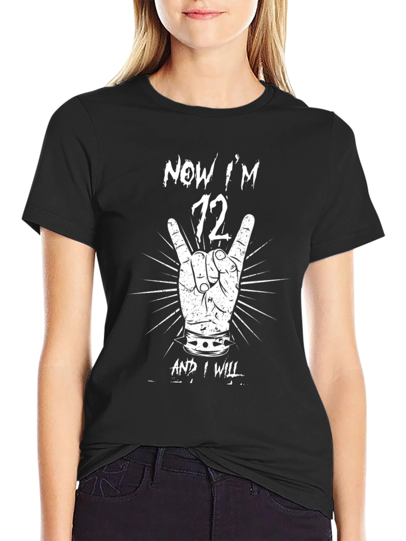Black Now I'm 72 T-Shirt Rock On Hand Sign view 2