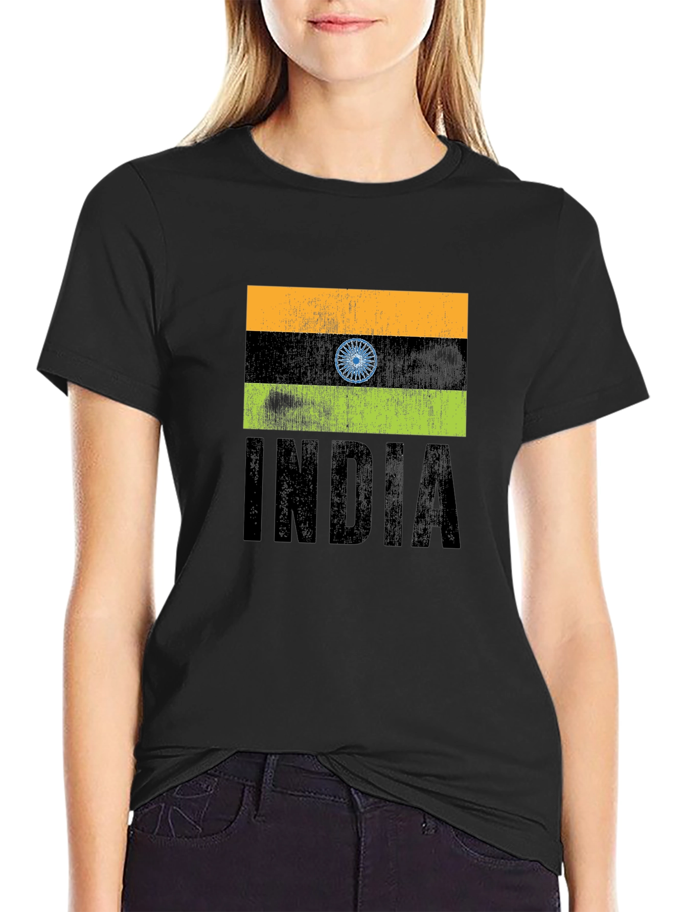 Black India Flag Graphic T-Shirt - Black Crew Neck Tee view 2